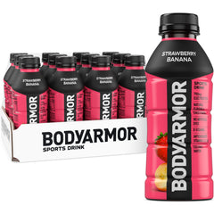 BODYARMOR Strawberry Banana bottles pack emphasizing hydration and on-the-go use.