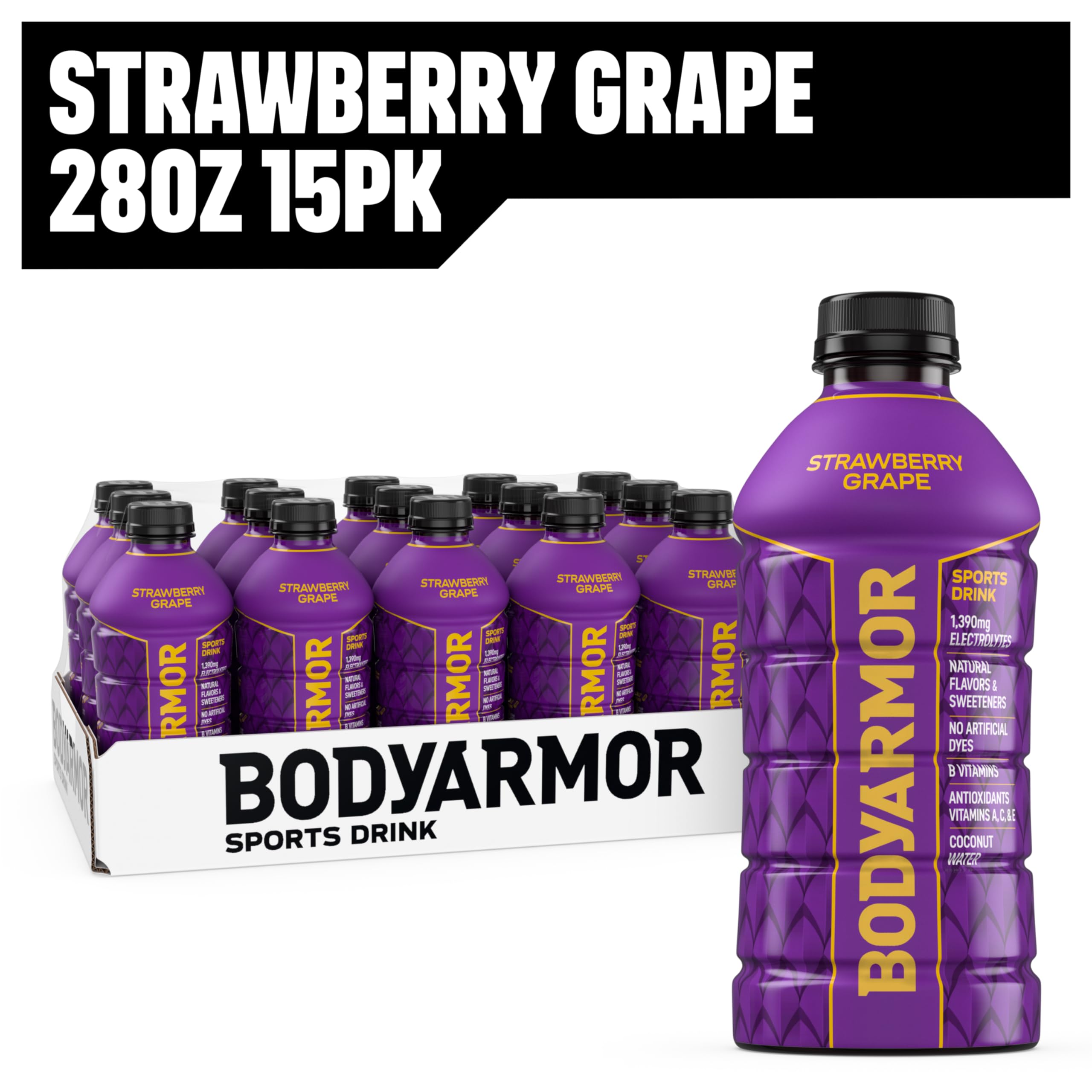 BODYARMOR Strawberry Grape bottle back design highlights branding and product details.