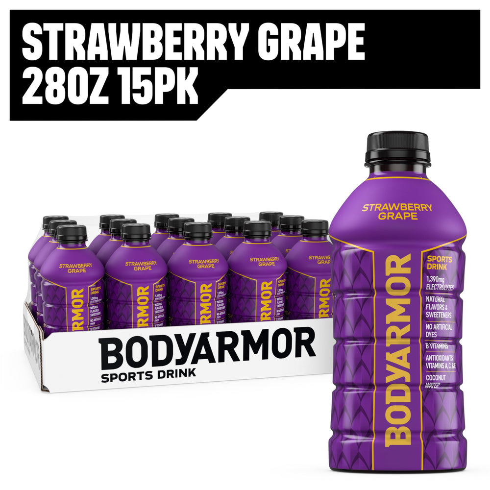 BODYARMOR Strawberry Grape bottle back design highlights branding and product details.