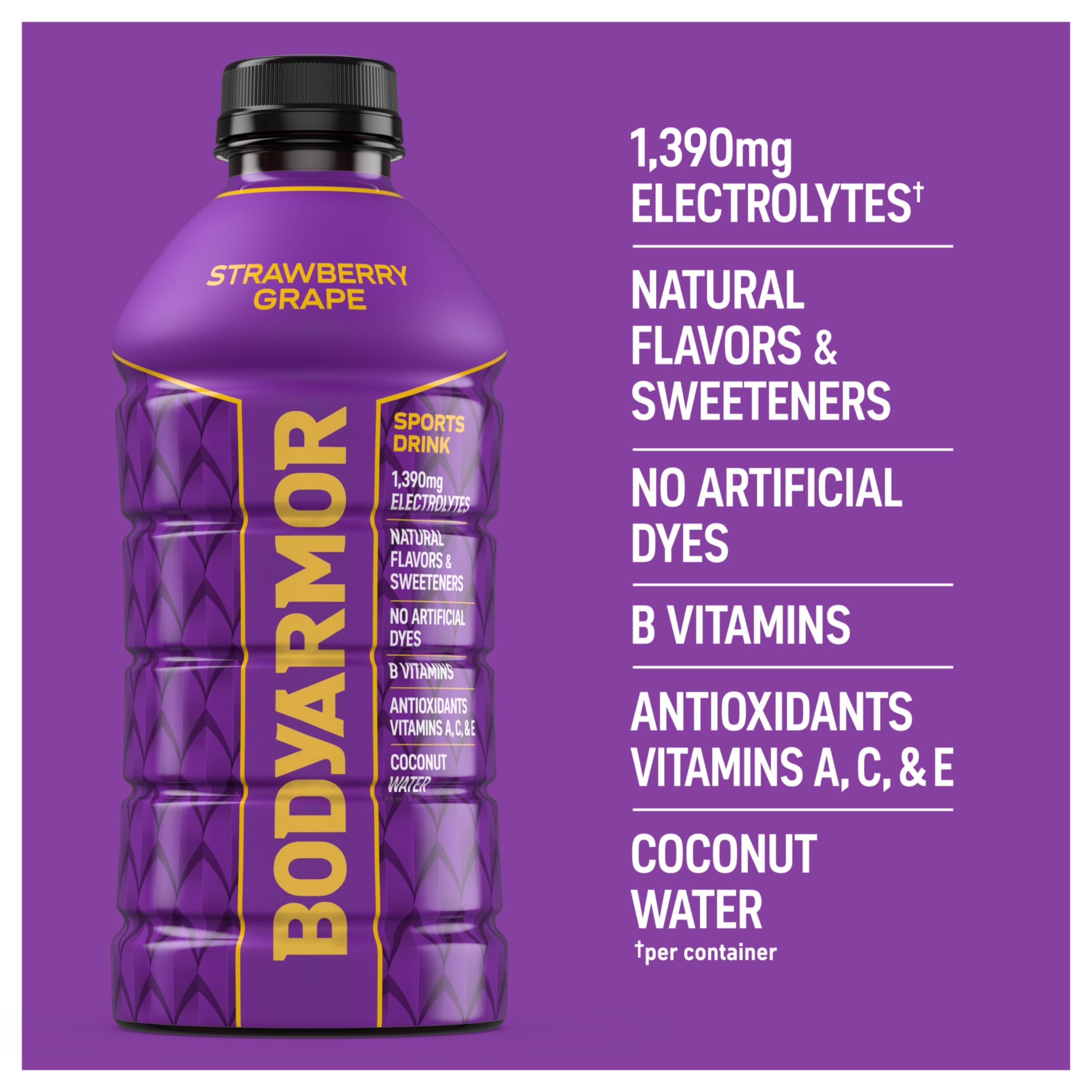 BODYARMOR Strawberry Grape bottle on a gym bag implies ready-to-drink hydration anywhere.