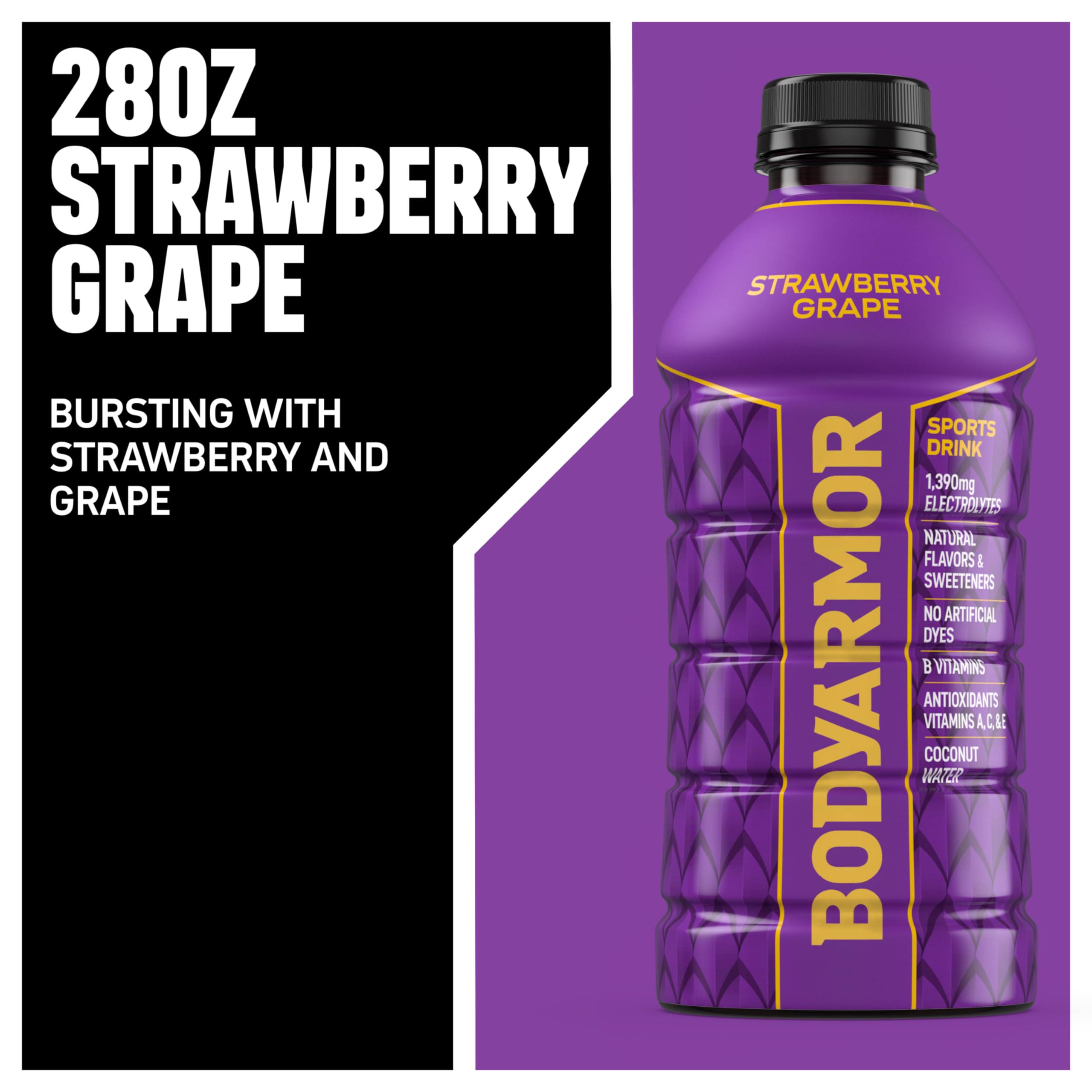 BODYARMOR Strawberry Grape bottle being poured showcases easy post-workout hydration.