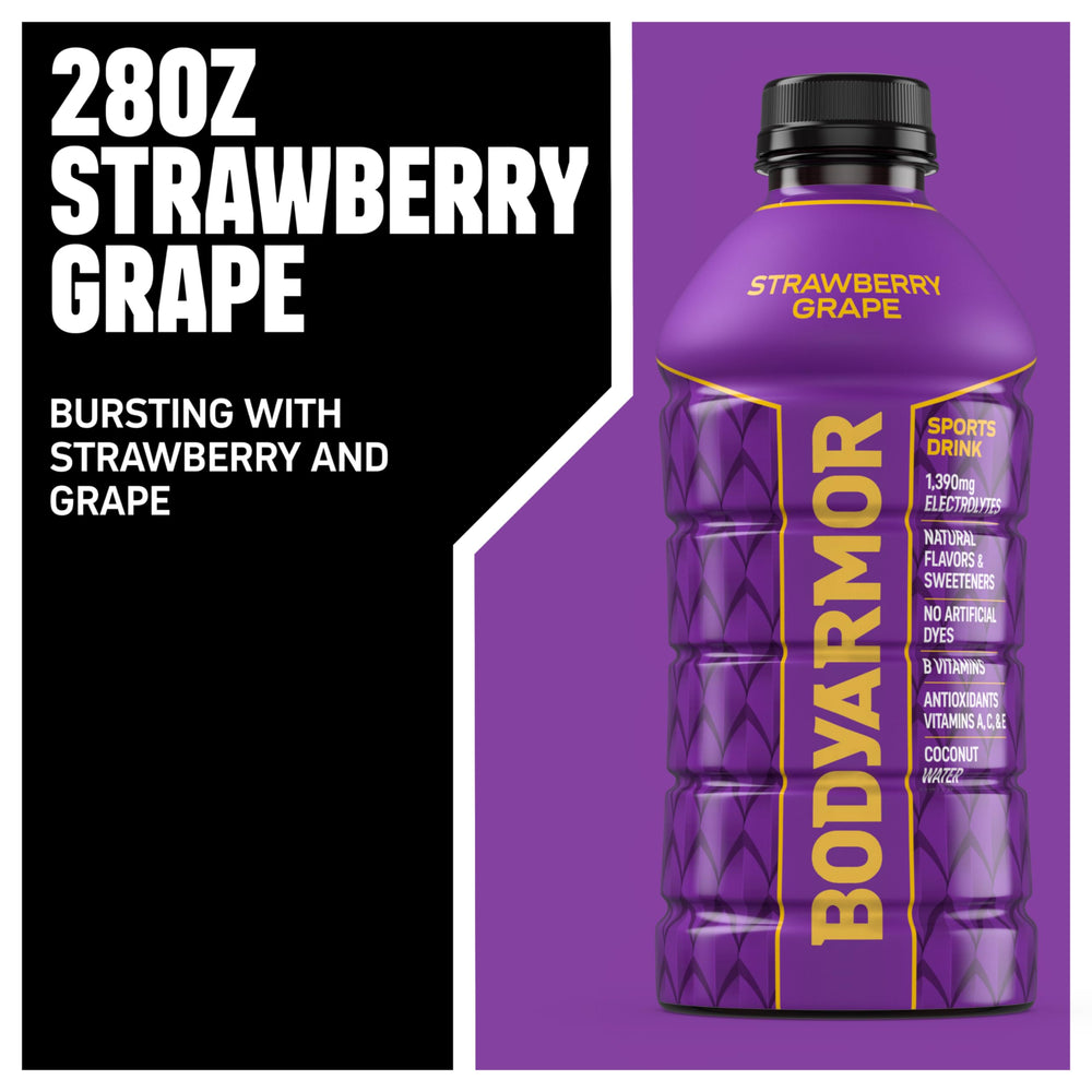 BODYARMOR Strawberry Grape bottle being poured showcases easy post-workout hydration.