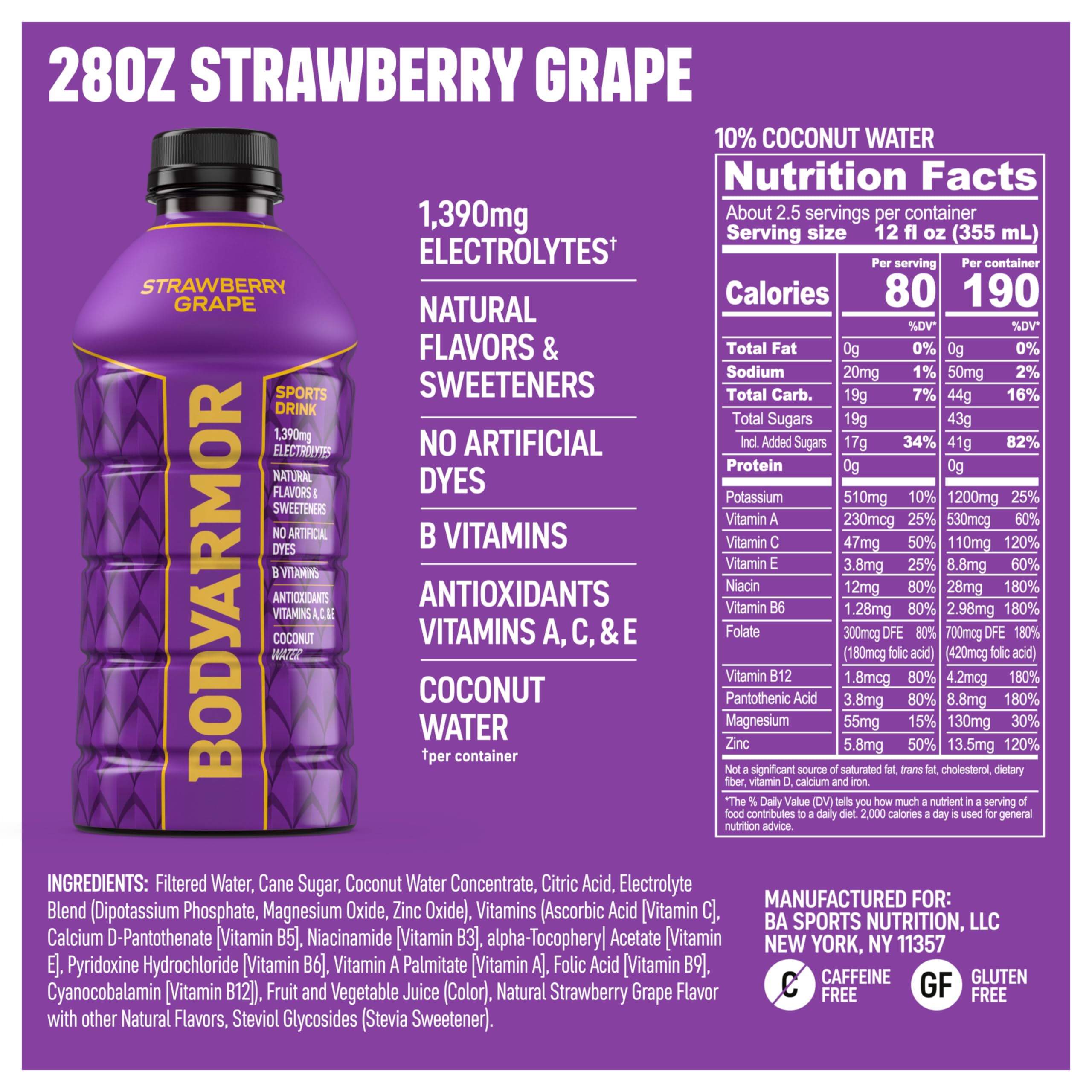 BODYARMOR Strawberry Grape bottle side angle highlights portable hydration for workouts.