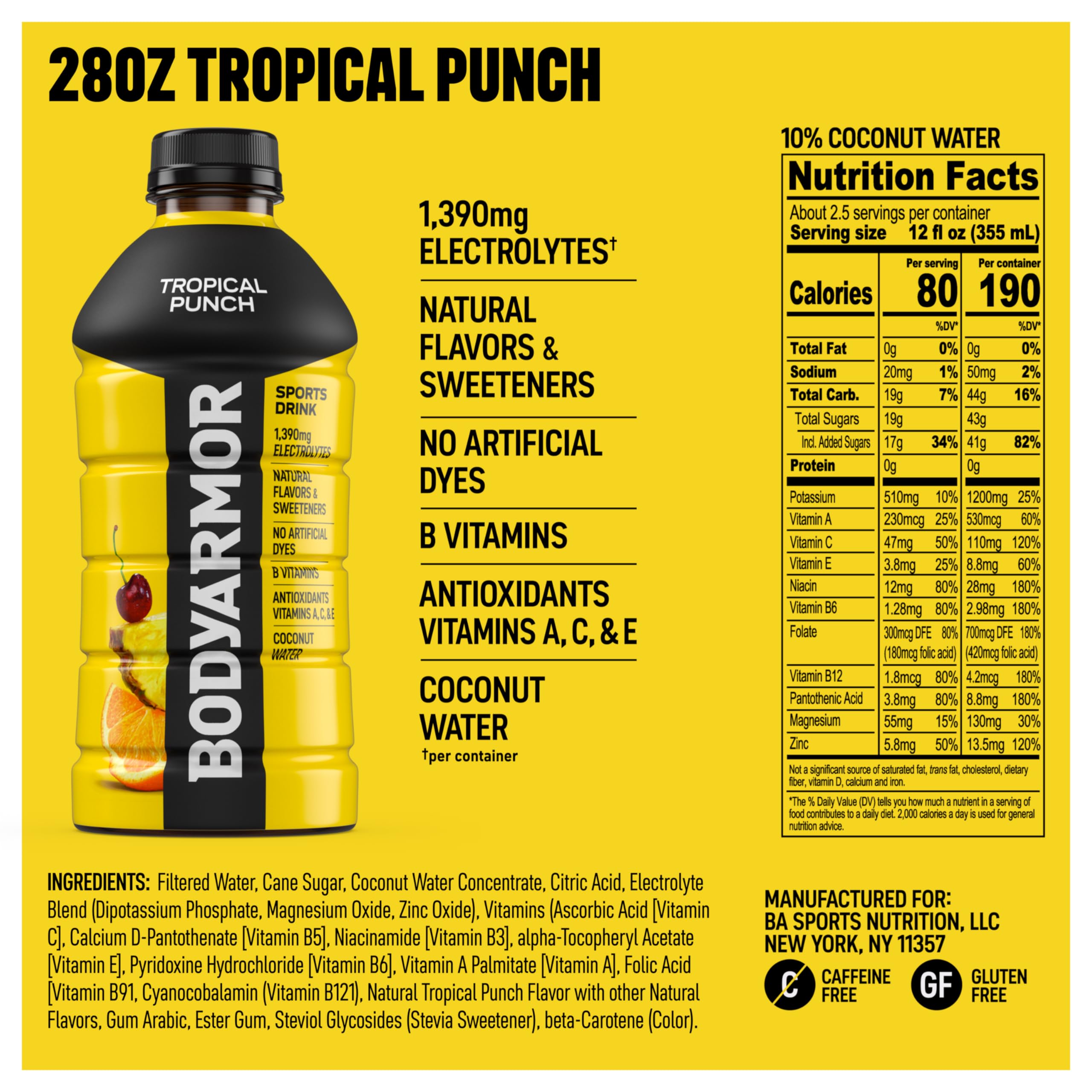 BODYARMOR Sports Drink label close up highlights electrolytes and antioxidants for sustained activity