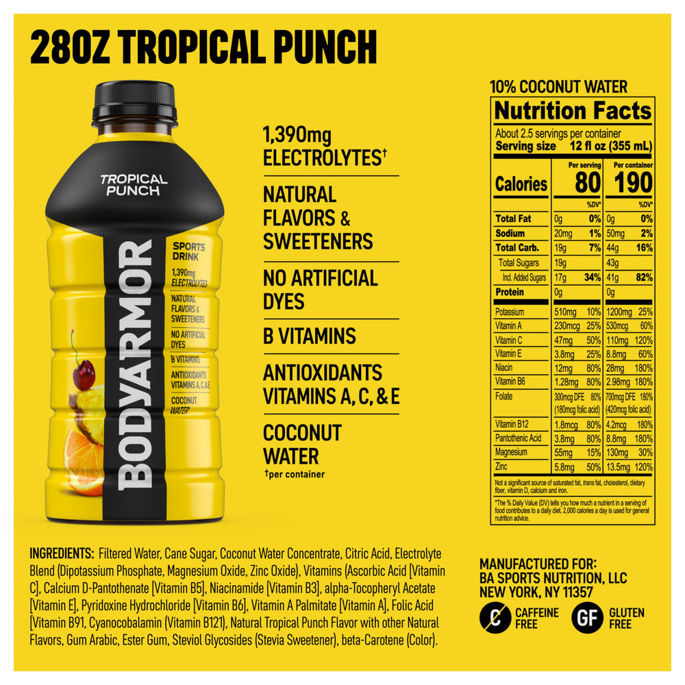 BODYARMOR Sports Drink label close up highlights electrolytes and antioxidants for sustained activity