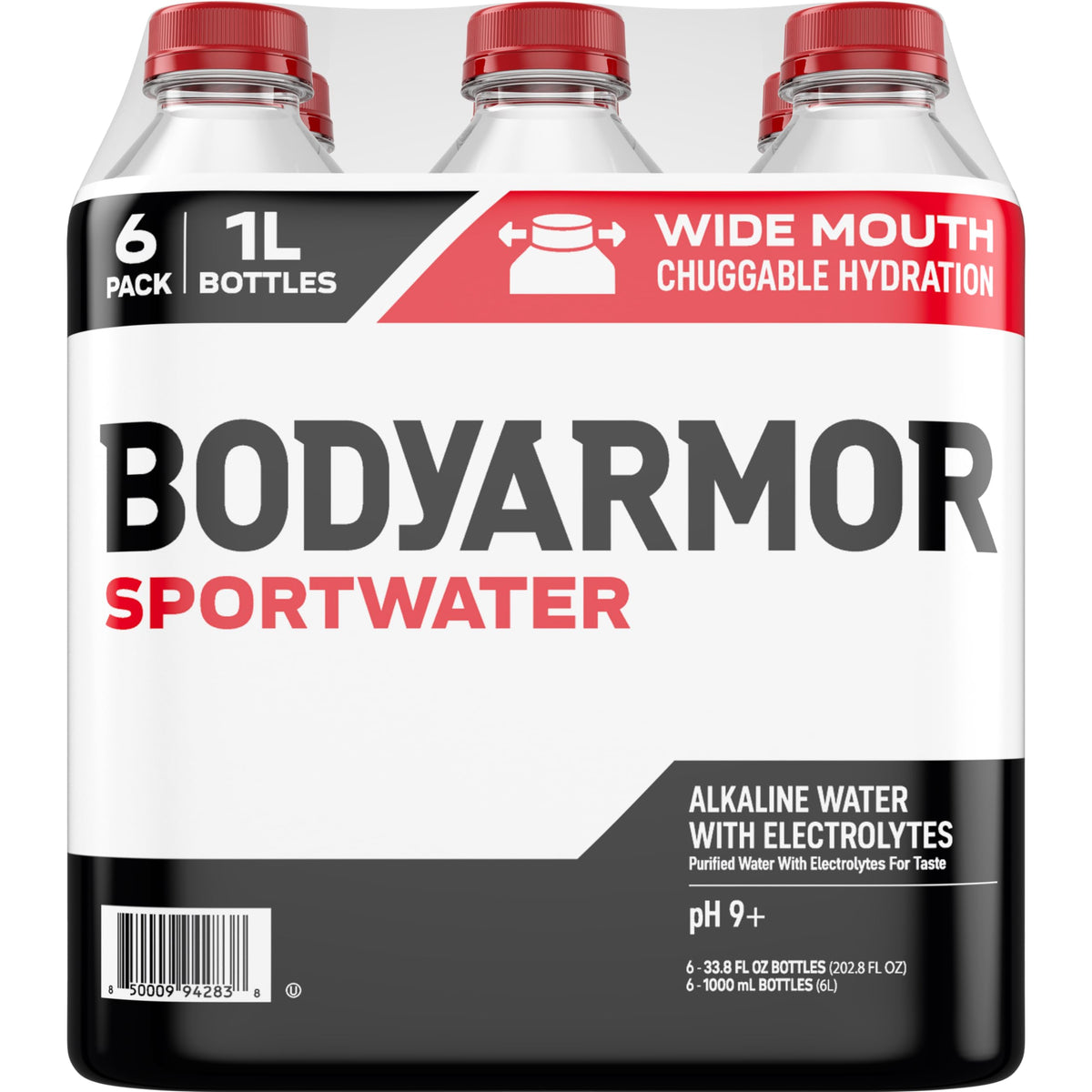 BODYARMOR SportWater 1L bottle front view for extended workouts.