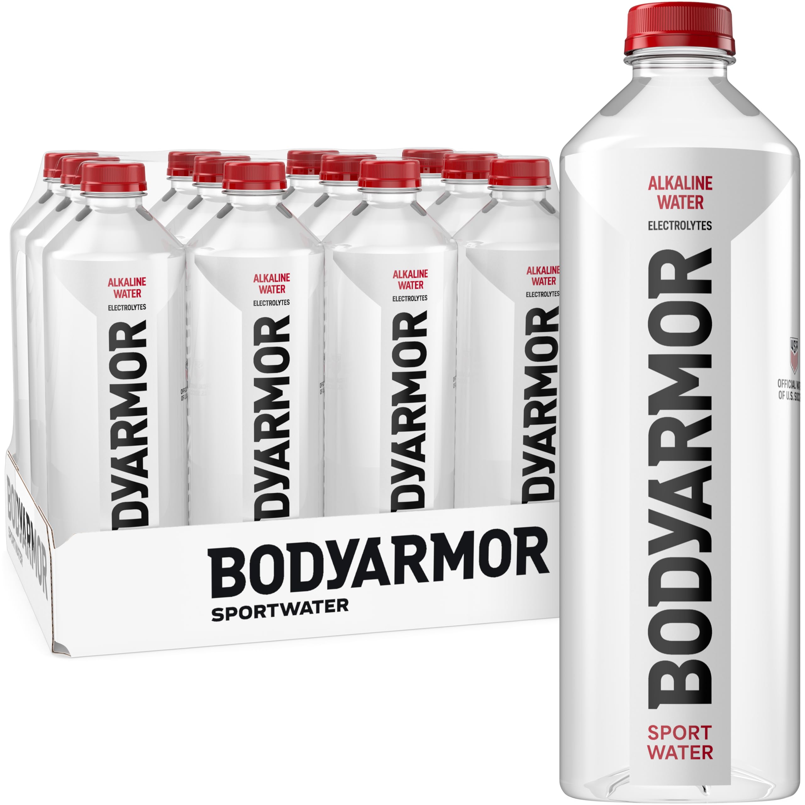 BODYARMOR SportWater bottle with splash for on-the-go hydration during workouts.