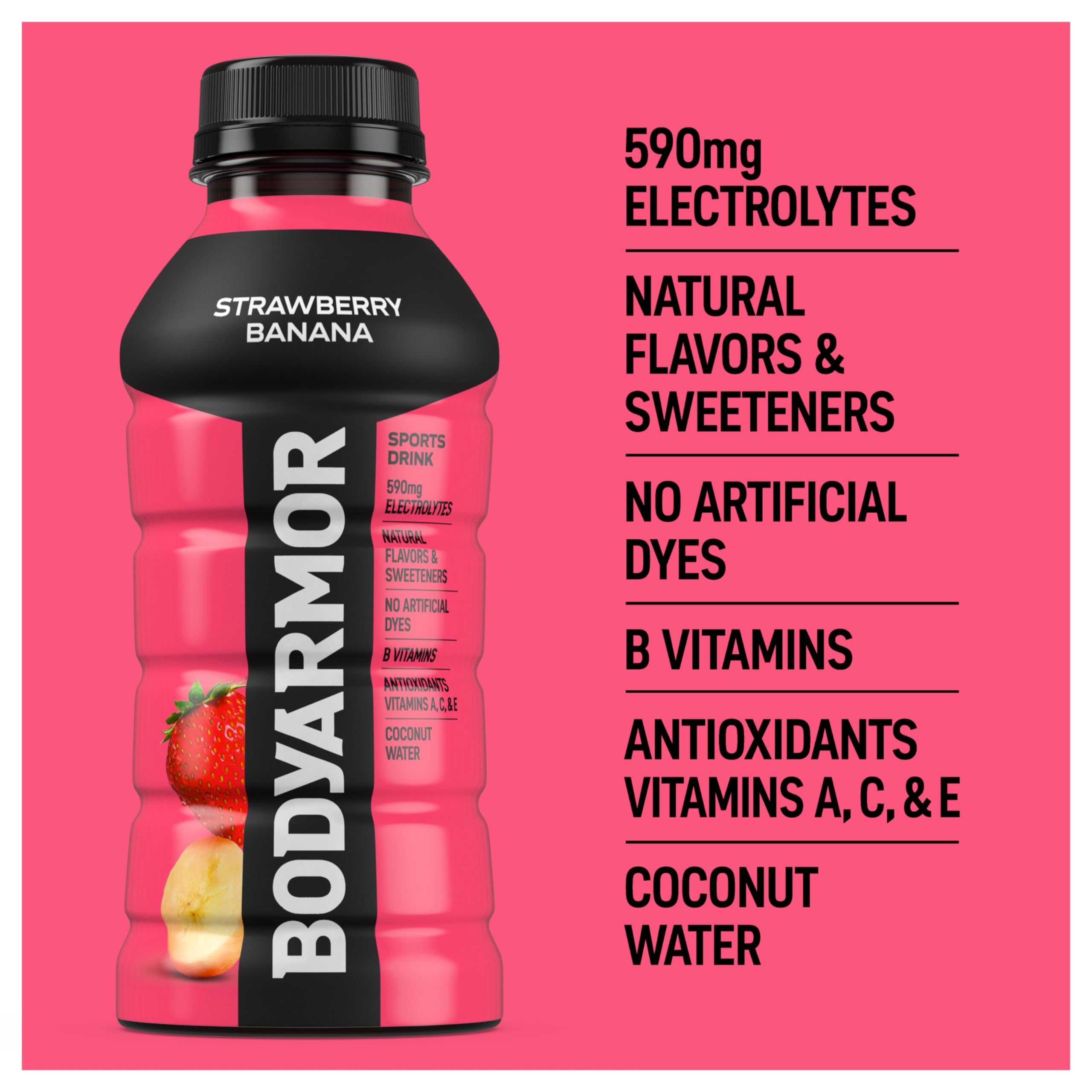 BODYARMOR Strawberry Banana 8-pack display highlighting value and consistency.