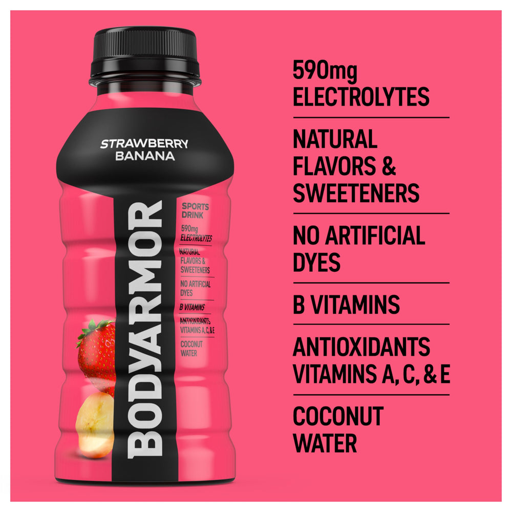 BODYARMOR Strawberry Banana 8-pack display highlighting value and consistency.