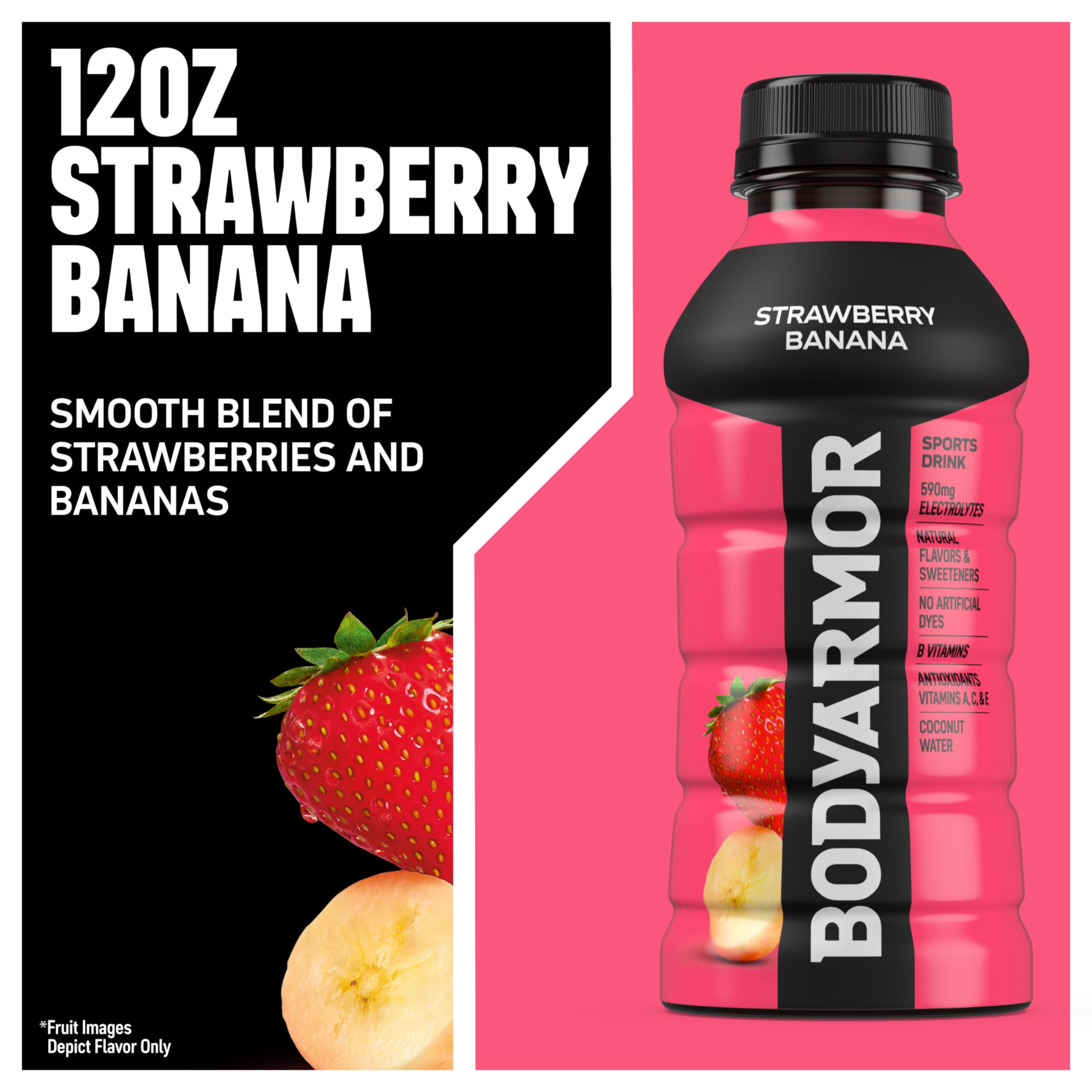 BODYARMOR Strawberry Banana nutrition label close-up showing key electrolytes and vitamins.