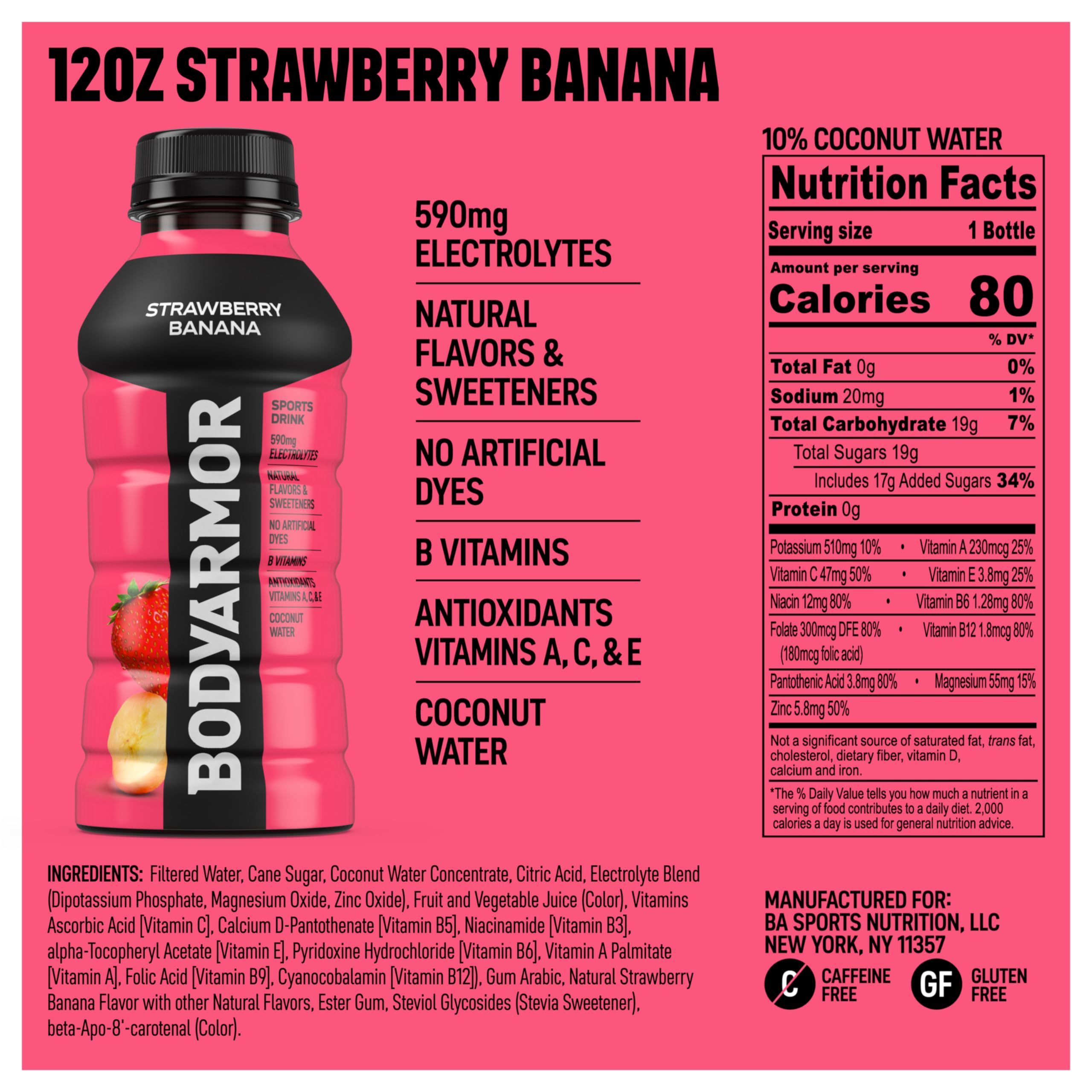 BODYARMOR Strawberry Banana bottle side view for easy grab-and-go hydration.