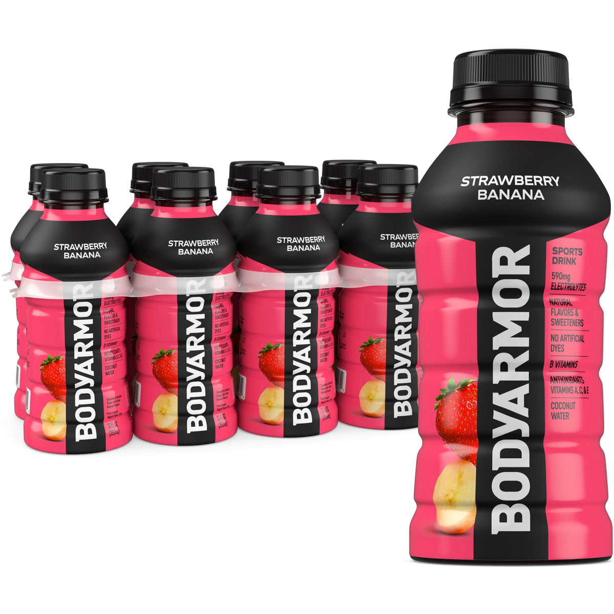 BODYARMOR Strawberry Banana bottle for refreshing electrolyte hydration during workouts.