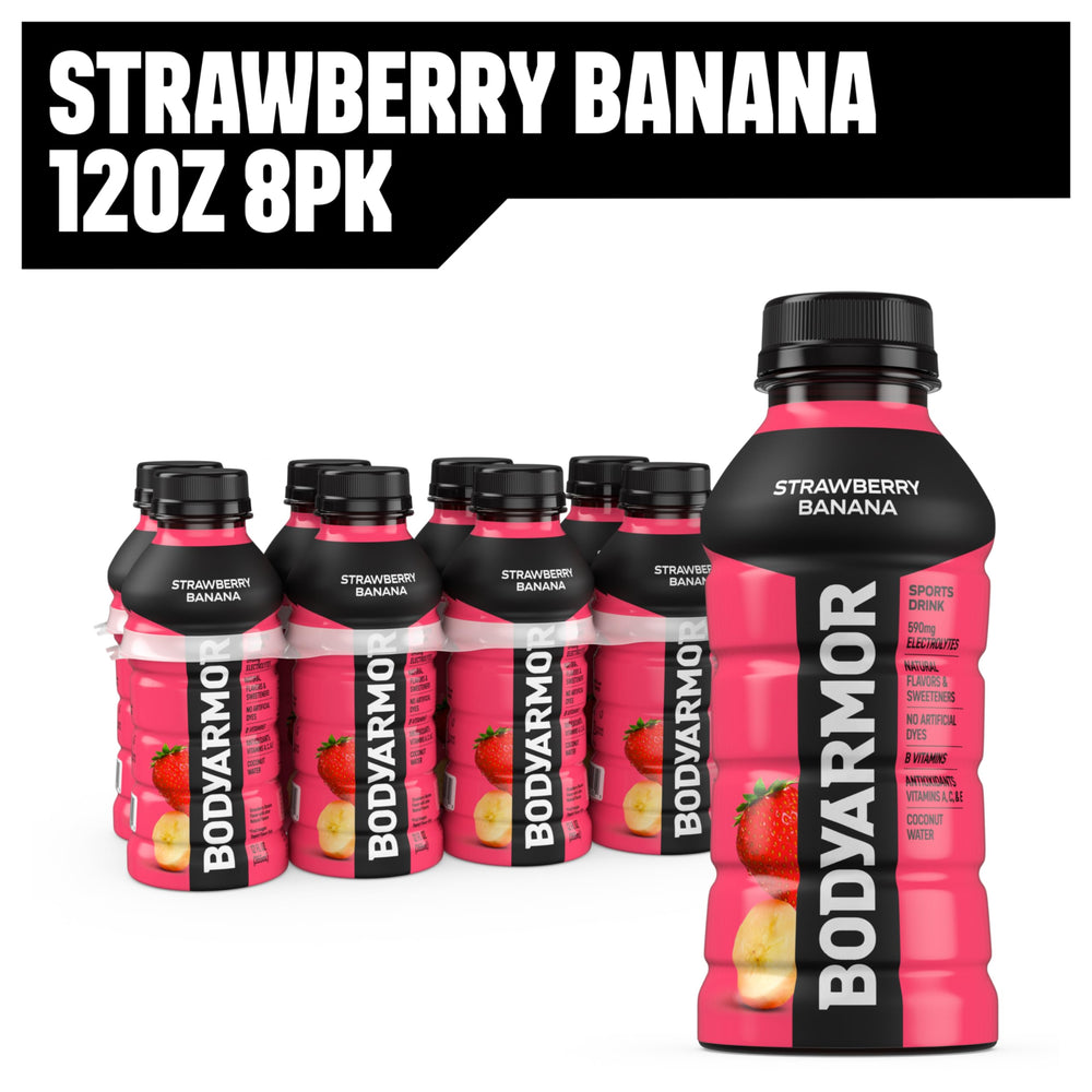 BODYARMOR Strawberry Banana label detail highlighting antioxidants and electrolytes.