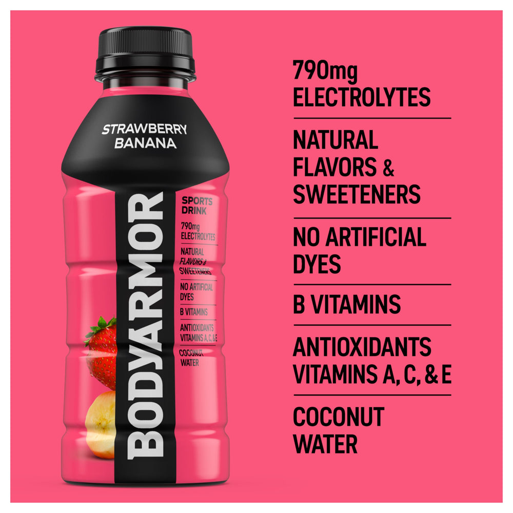 BODYARMOR being poured for post-workout refreshment with strawberry banana flavor.