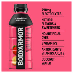 BODYARMOR being poured for post-workout refreshment with strawberry banana flavor.