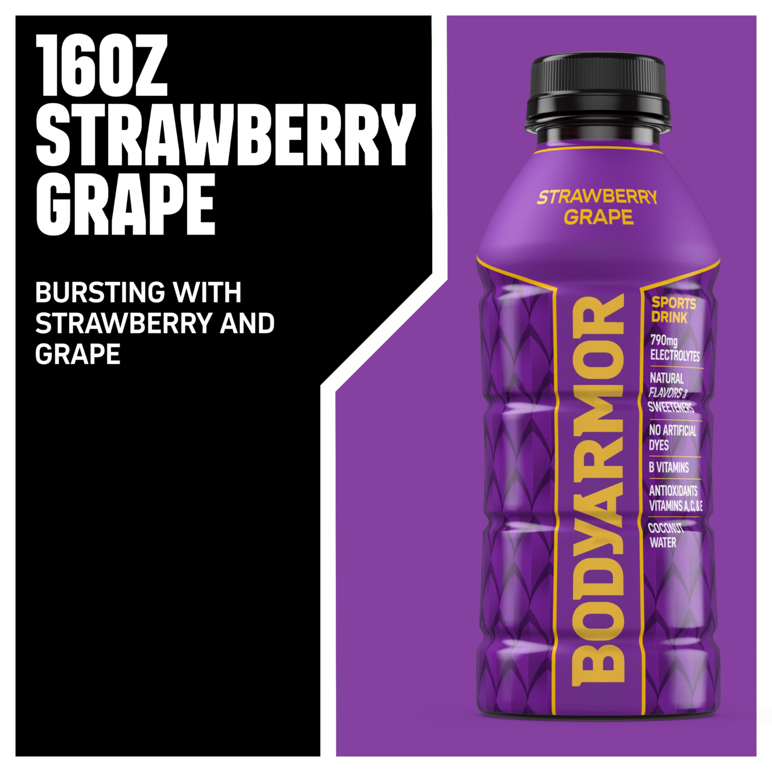 BODYARMOR Strawberry Grape label close-up with antioxidants.