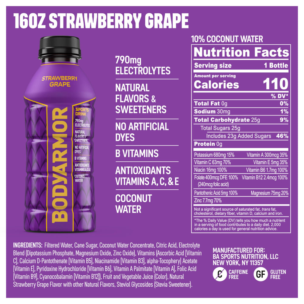 BODYARMOR Strawberry Grape pour captured during a workout.