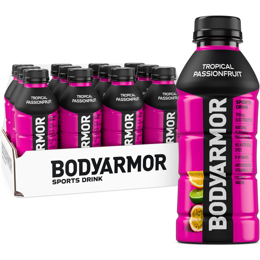 BODYARMOR Tropical Passionfruit bottle shows electrolytes for hydrated workouts