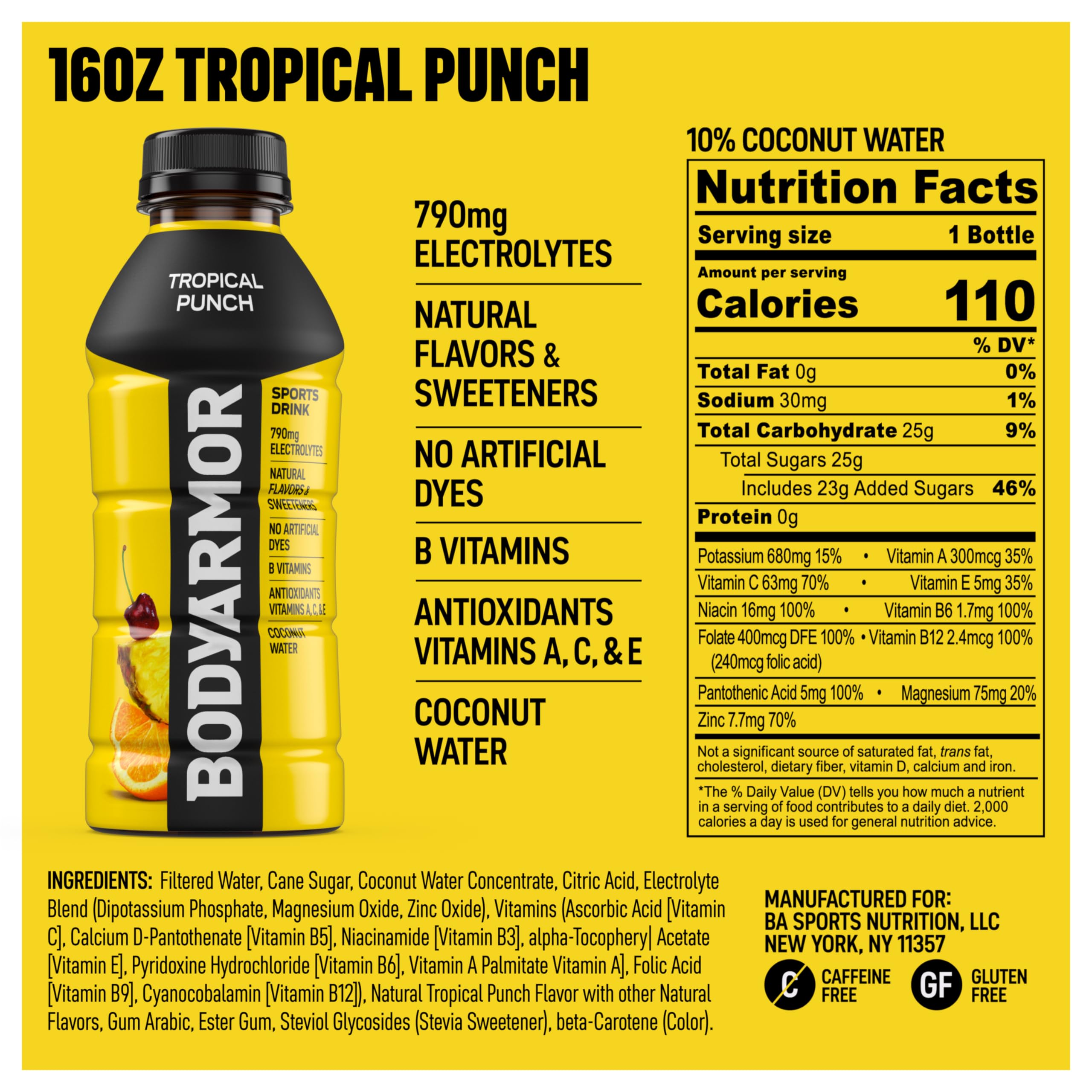 BODYARMOR Tropical Punch 12-pack on shelf, ideal for athletes