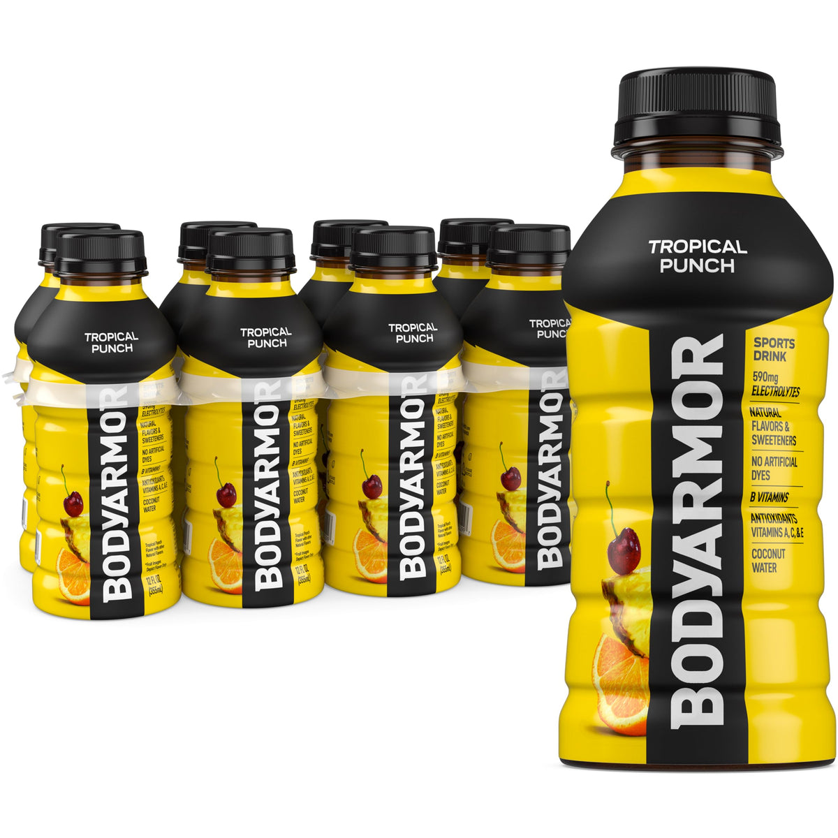 BODYARMOR Tropical Punch bottle front showing electrolyte hydration benefits