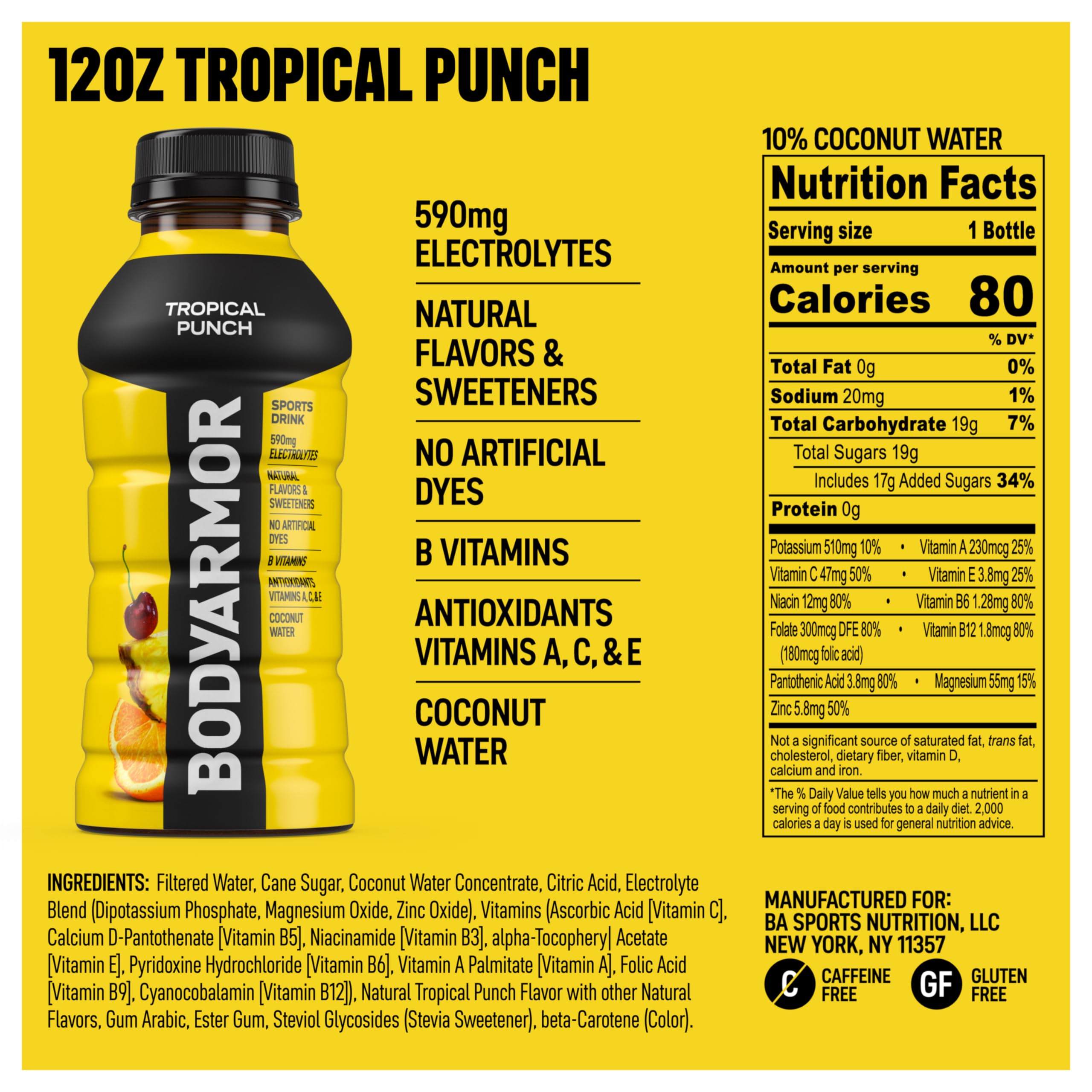 BODYARMOR Tropical Punch bottle side highlights convenient taste and electrolyte blend