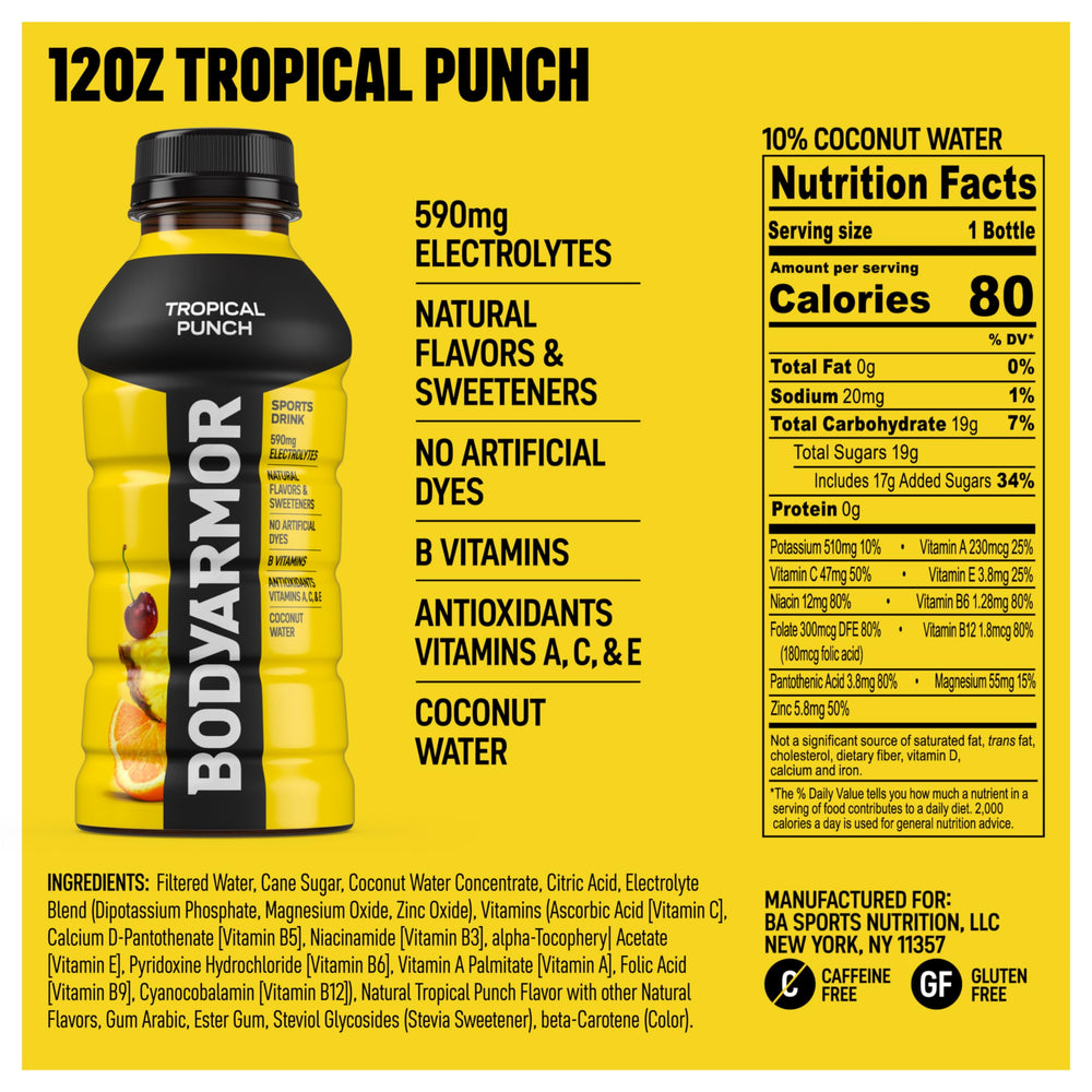 BODYARMOR Tropical Punch bottle side highlights convenient taste and electrolyte blend