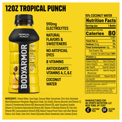 BODYARMOR Tropical Punch bottle side highlights convenient taste and electrolyte blend