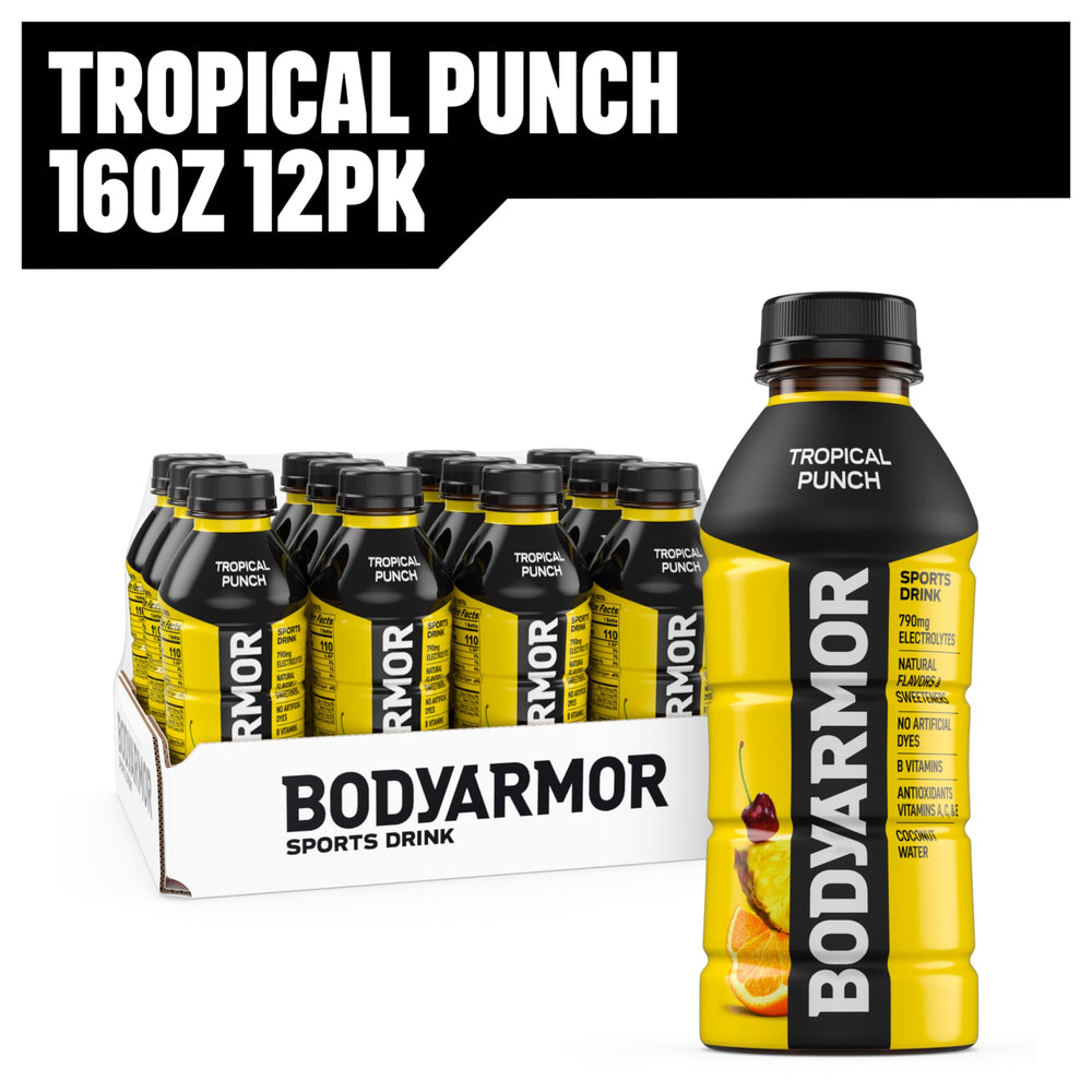 Condensation on BODYARMOR Tropical Punch bottle during a workout