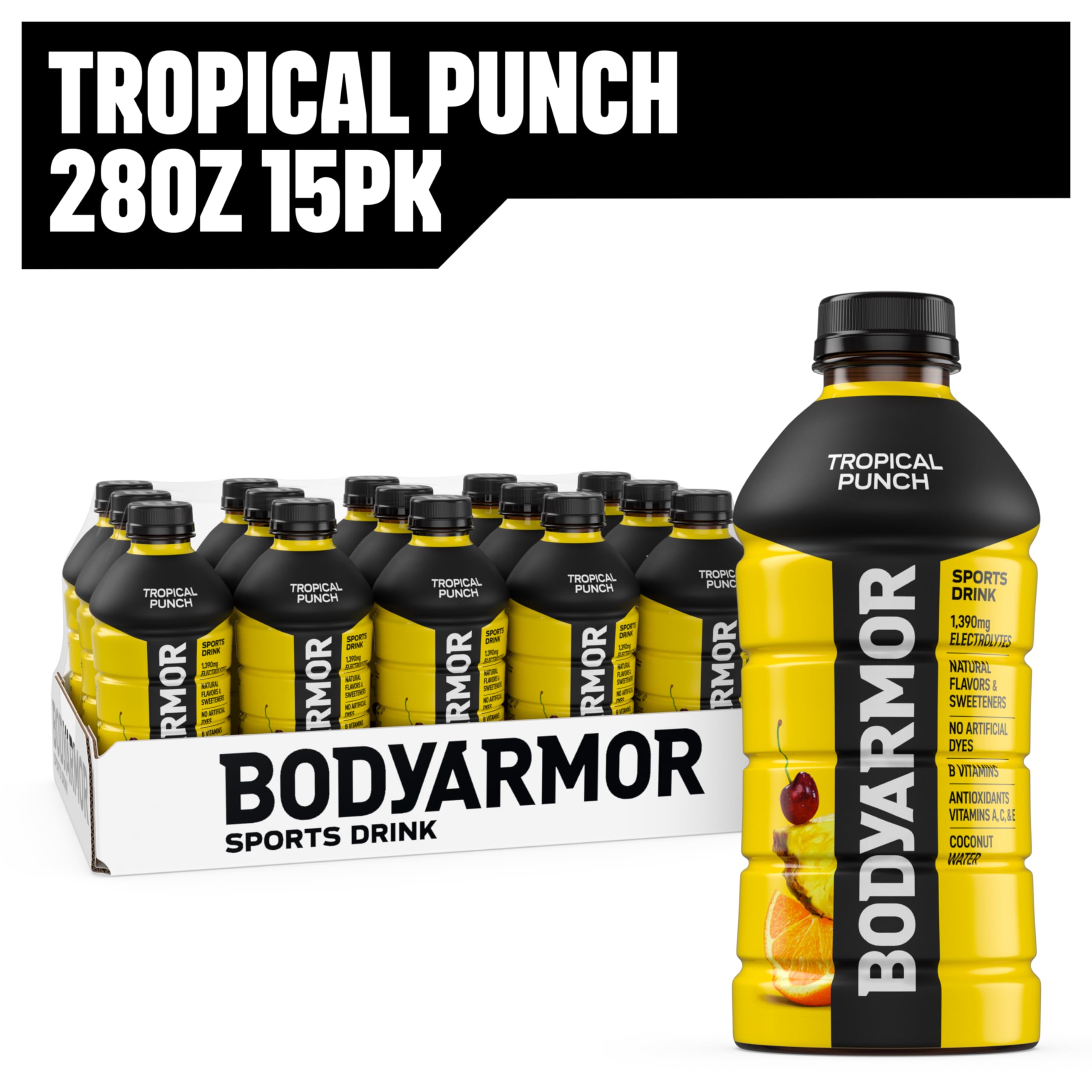 BODYARMOR tropical-punch bottle beside gym towel after workout