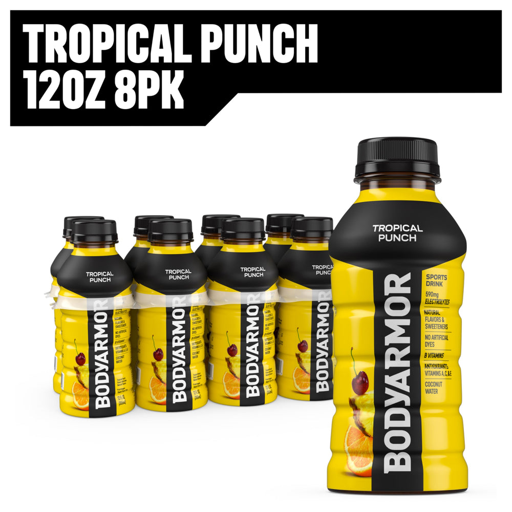 BODYARMOR Tropical Punch label closeup highlights natural flavor notes