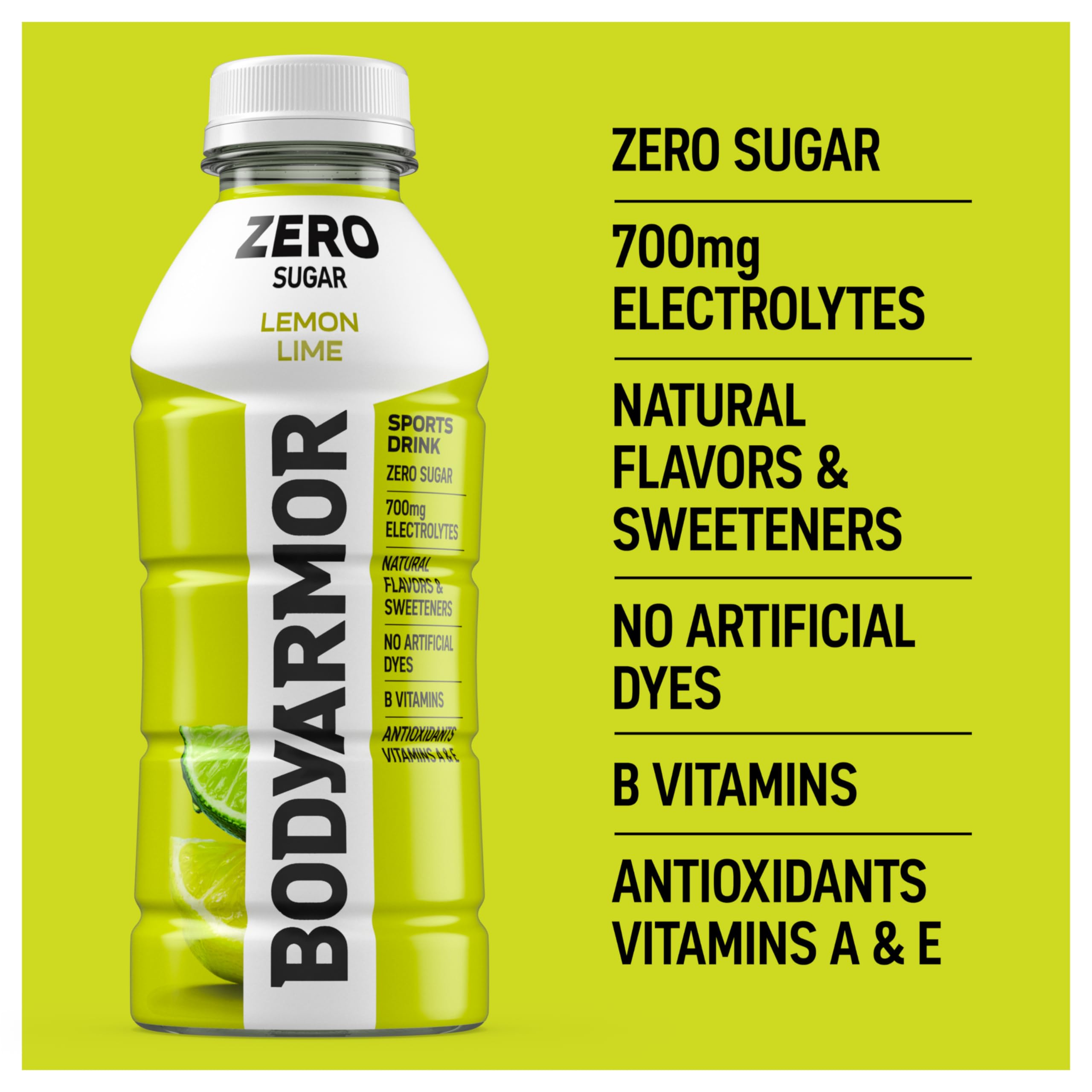 Ingredient view showing no artificial colors or dyes in BODYARMOR Zero Sugar Lemon Lime.