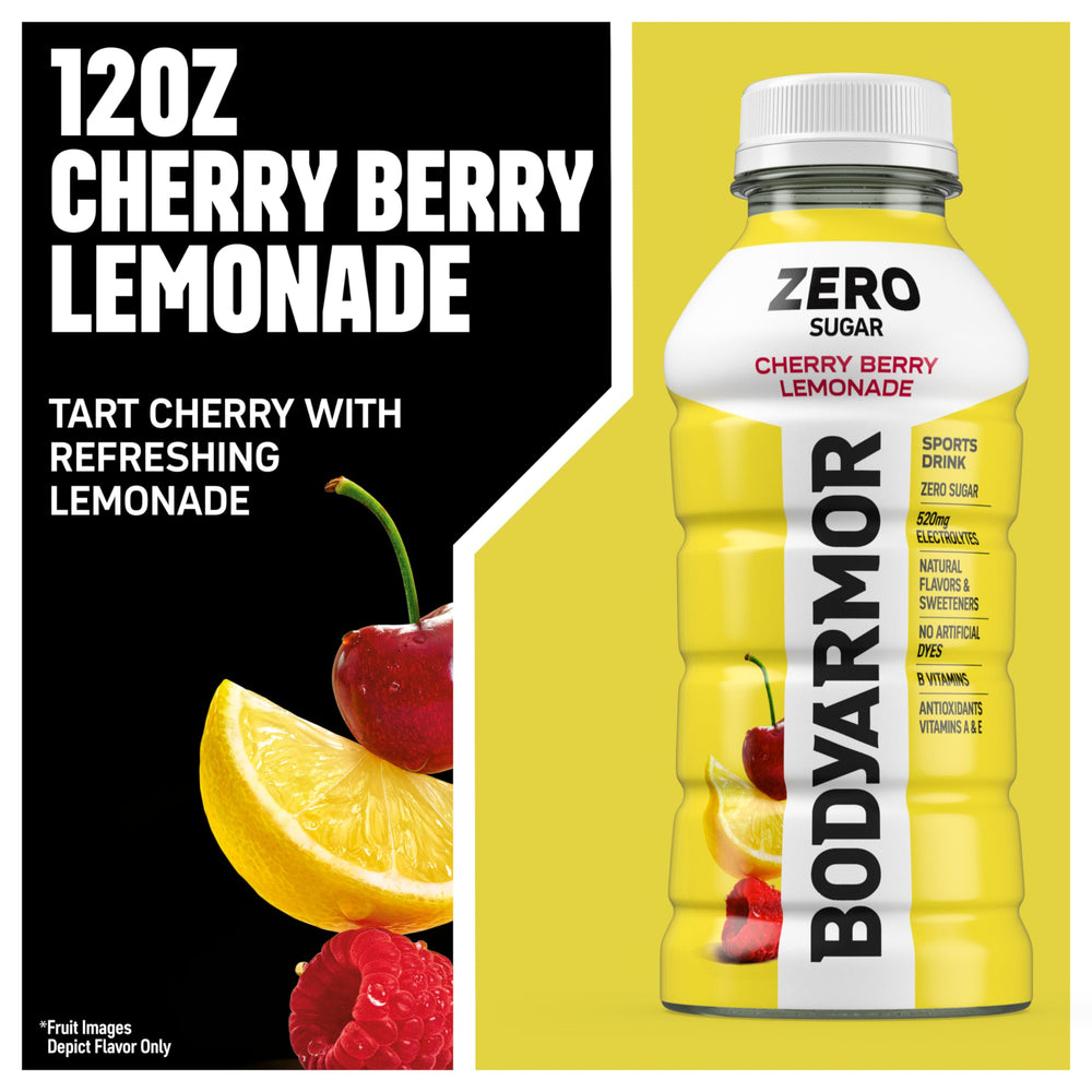 BODYARMOR Zero Sugar Cherry Berry Lemonade glass with ice looks refreshing