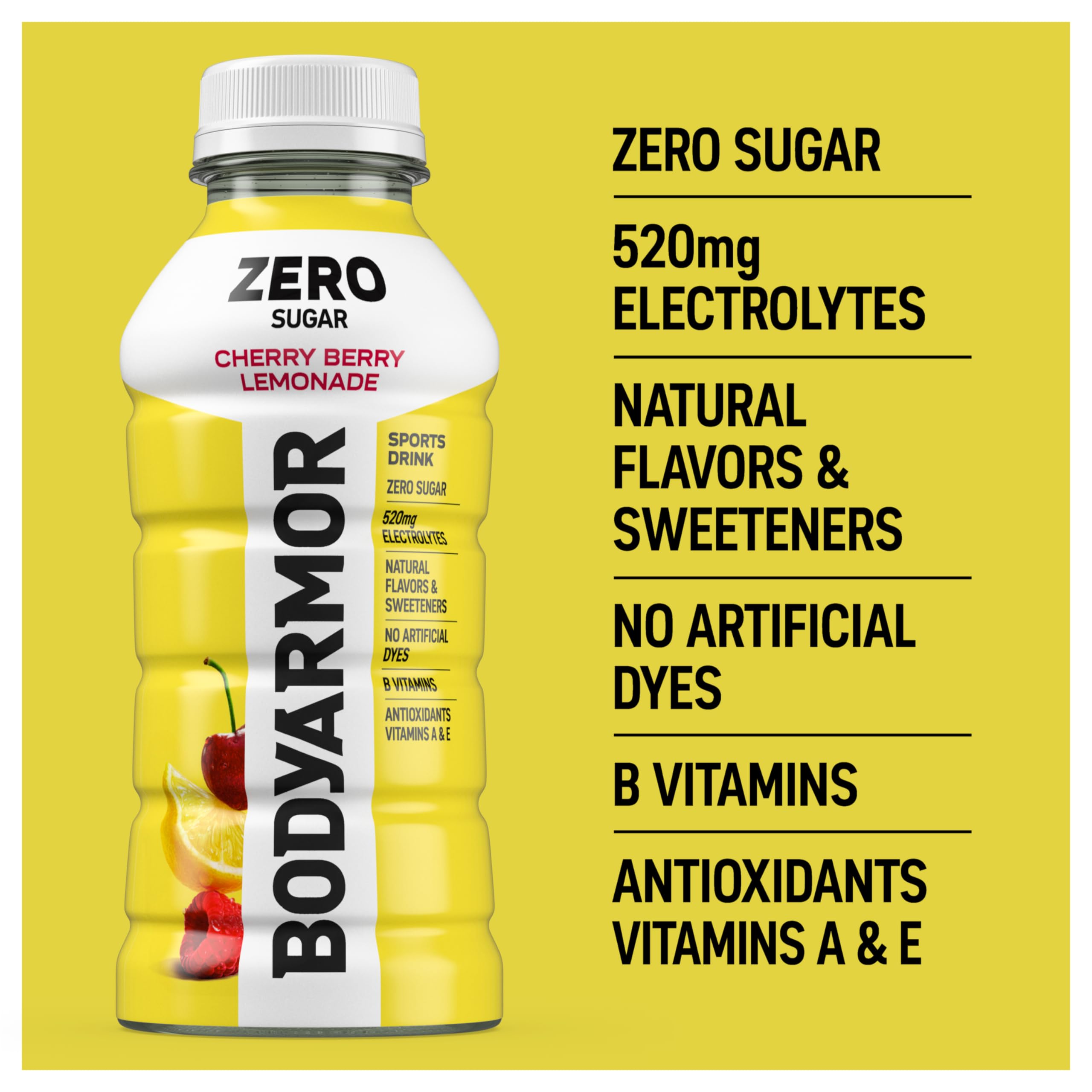 Ready-to-drink BODYARMOR Zero Sugar Cherry Berry Lemonade bottle for quick refreshment