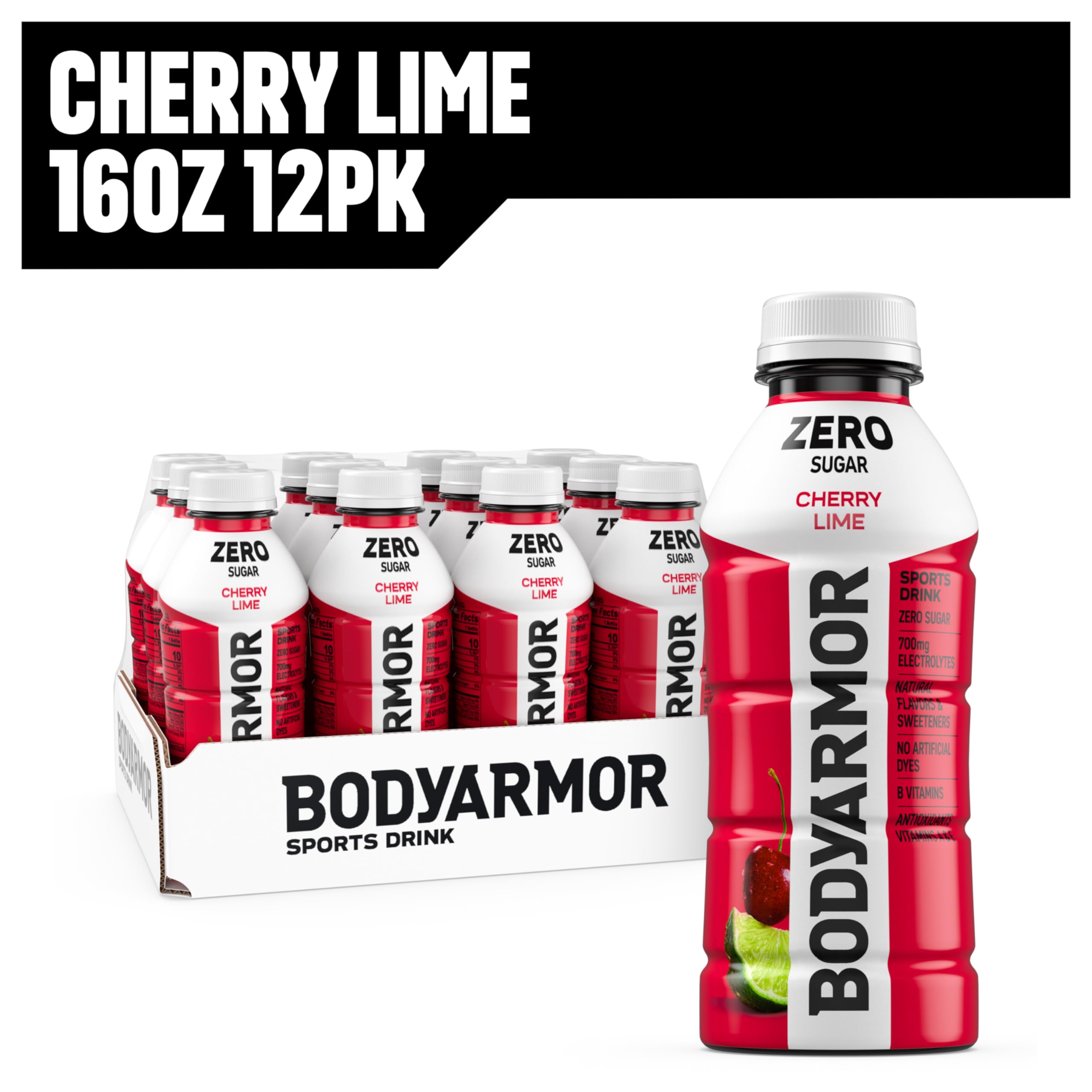 BODYARMOR Zero Sugar Cherry Lime bottle showing no artificial colors