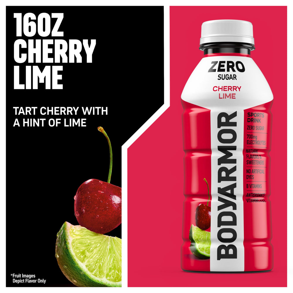 BODYARMOR Zero Sugar Cherry Lime bottle pour action illustrating quick, refreshing hydration mid-workout
