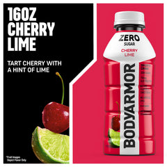 BODYARMOR Zero Sugar Cherry Lime bottle pour action illustrating quick, refreshing hydration mid-workout
