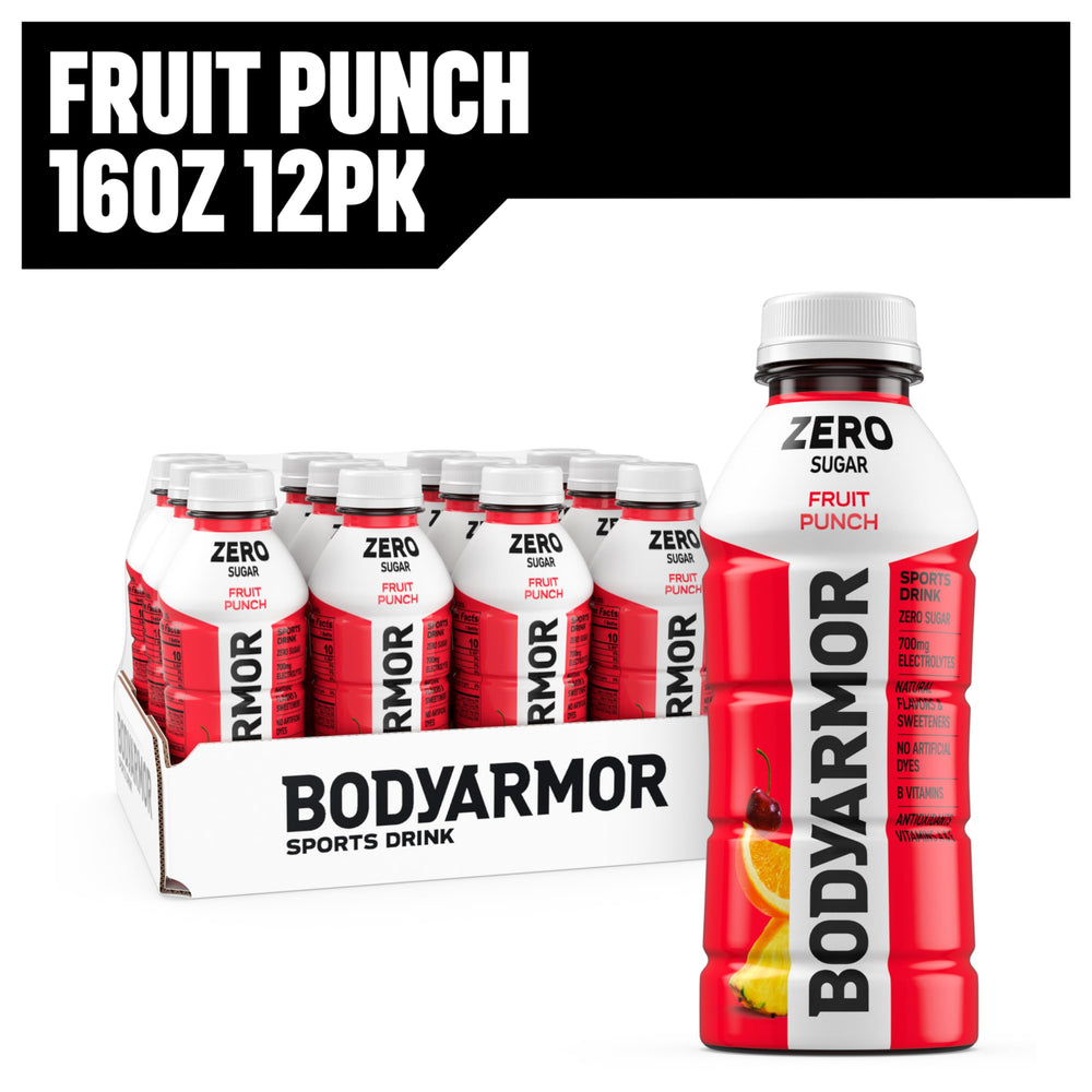 BODYARMOR ZERO Sugar Fruit Punch bottle-on-table communicates quick office hydration
