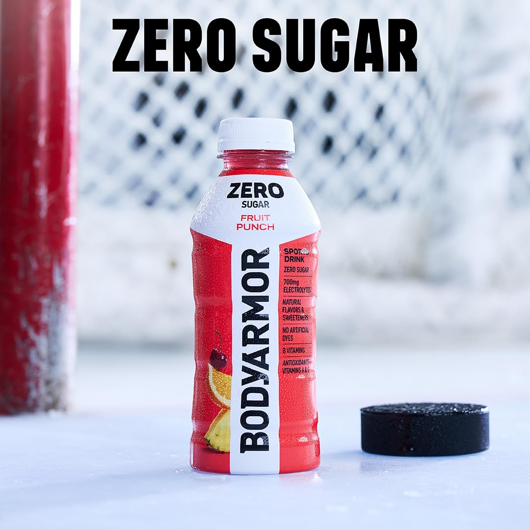 BODYARMOR ZERO Sugar Fruit Punch bottle-pour captures a refreshing moment