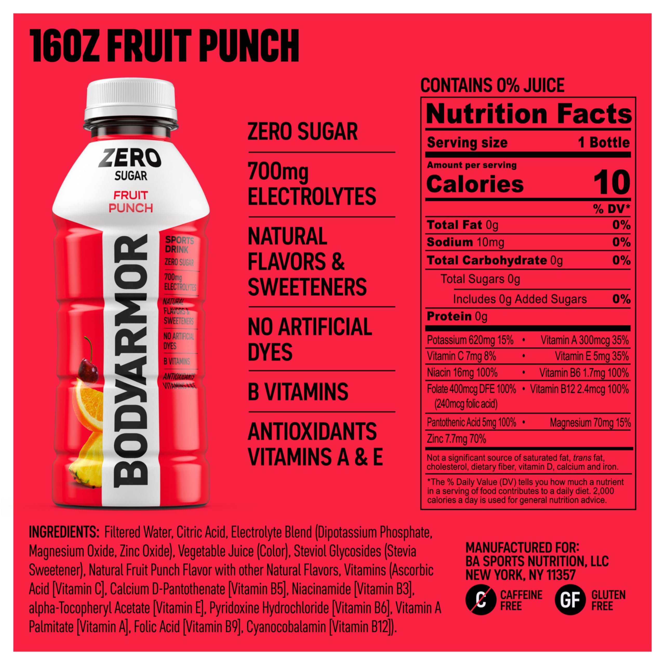 BODYARMOR ZERO Sugar Fruit Punch bottle-side highlights zero sugar and low calories