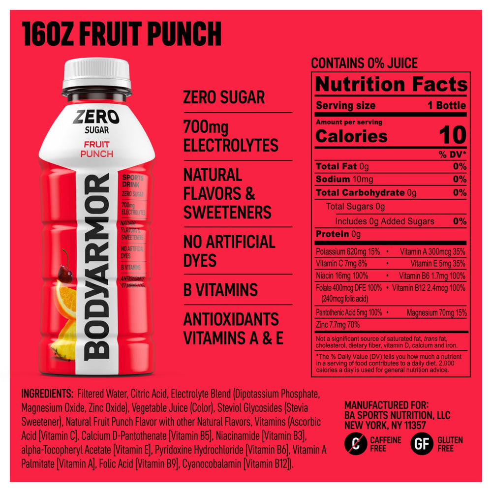 BODYARMOR ZERO Sugar Fruit Punch bottle-side highlights zero sugar and low calories