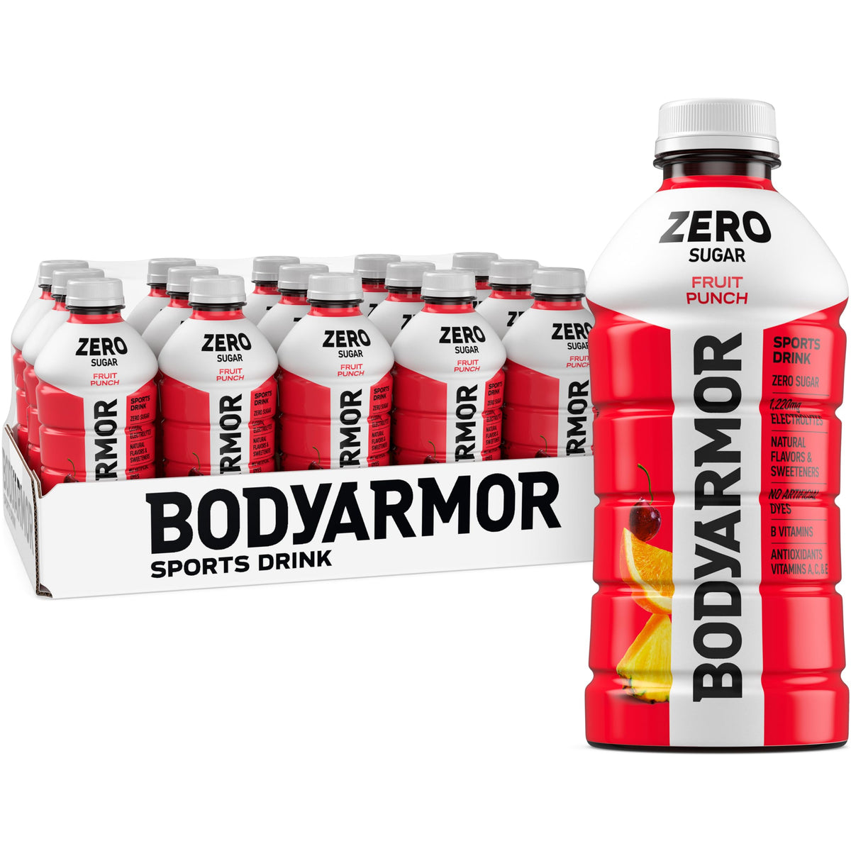BODYARMOR Zero Sugar Fruit Punch bottle for on-the-go hydration and flavor.