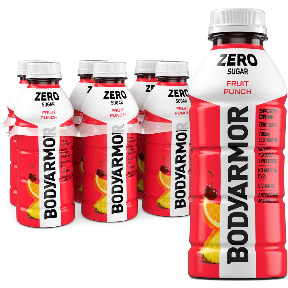 BODYARMOR Zero Sugar Fruit Punch bottle displaying a sugar-free hydration option for athletes.