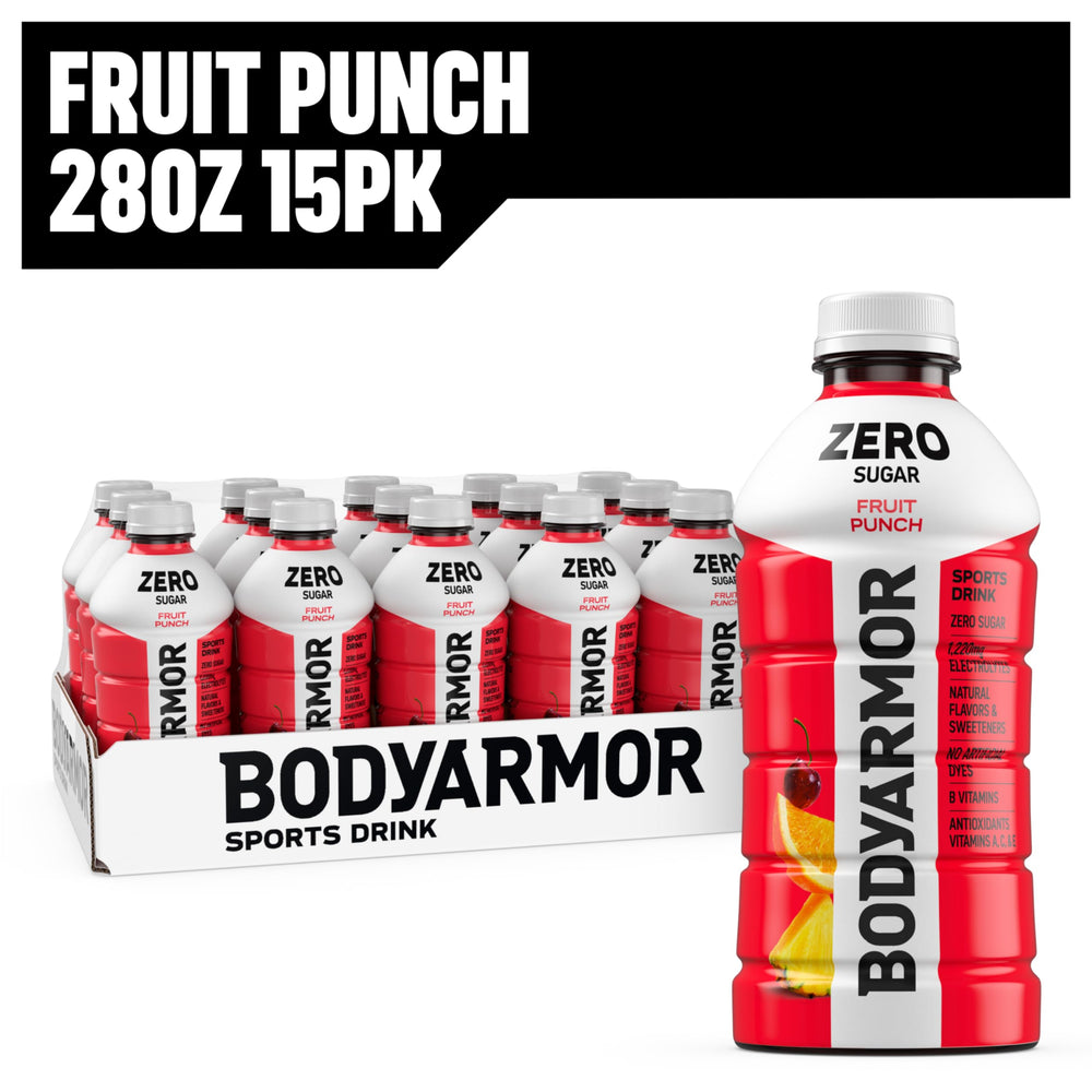 Front view of BODYARMOR Zero Sugar Fruit Punch bottle on a clean surface.