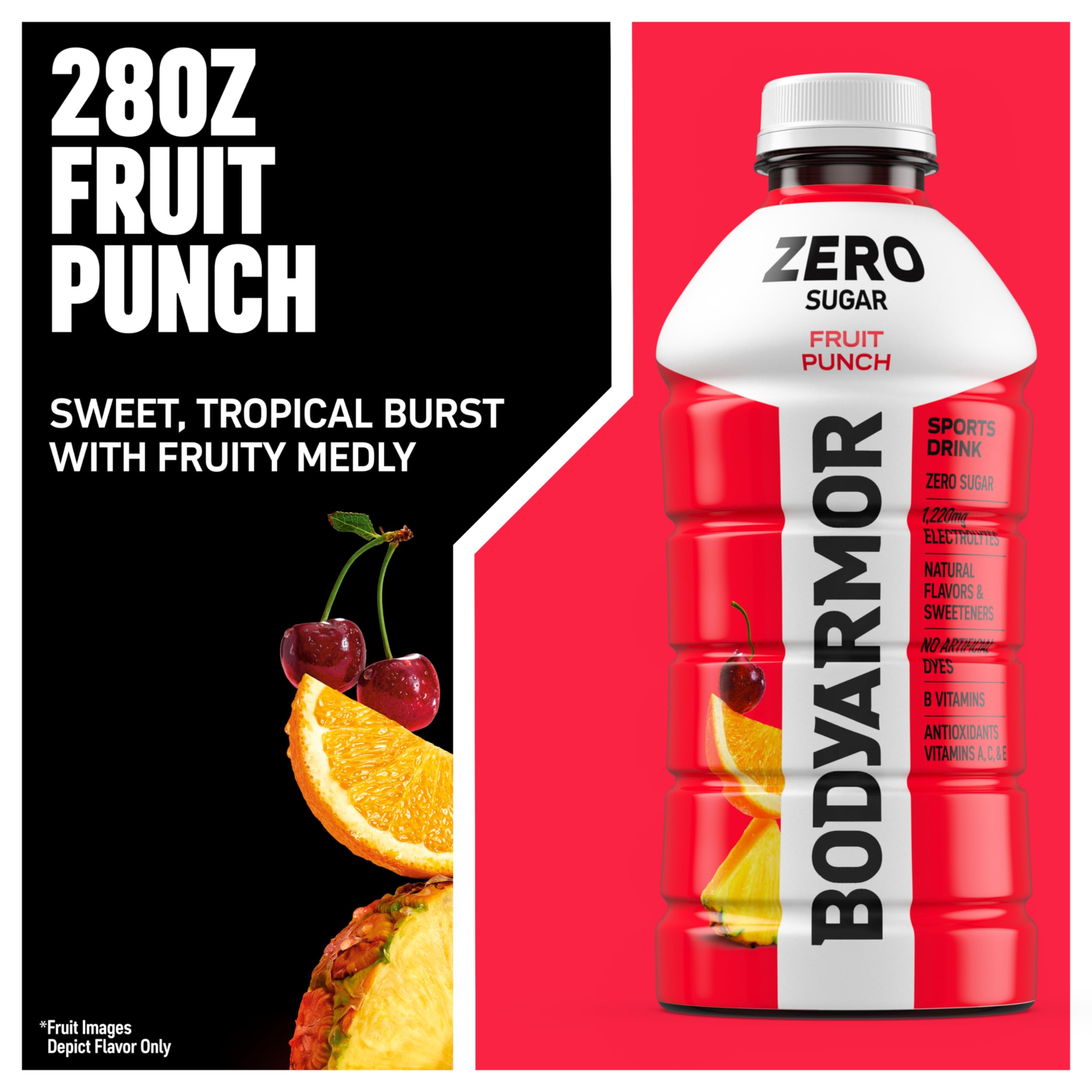 Chilled BODYARMOR Zero Sugar Fruit Punch in a glass with ice for refreshment.