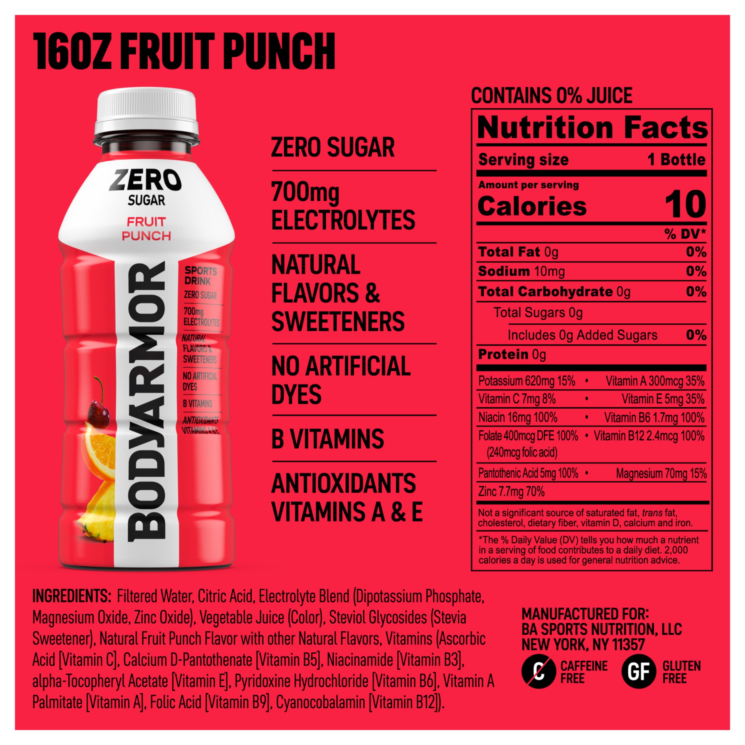 Close-up of BODYARMOR Zero Sugar Fruit Punch ingredients highlighting electrolytes and antioxidants.