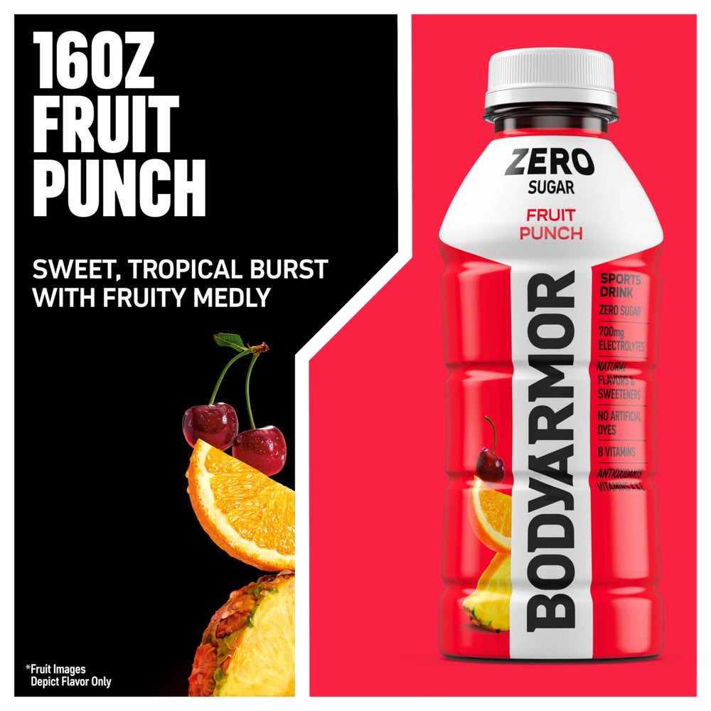 BODYARMOR ZERO Sugar Fruit Punch label-closeup emphasizes natural flavors and colors
