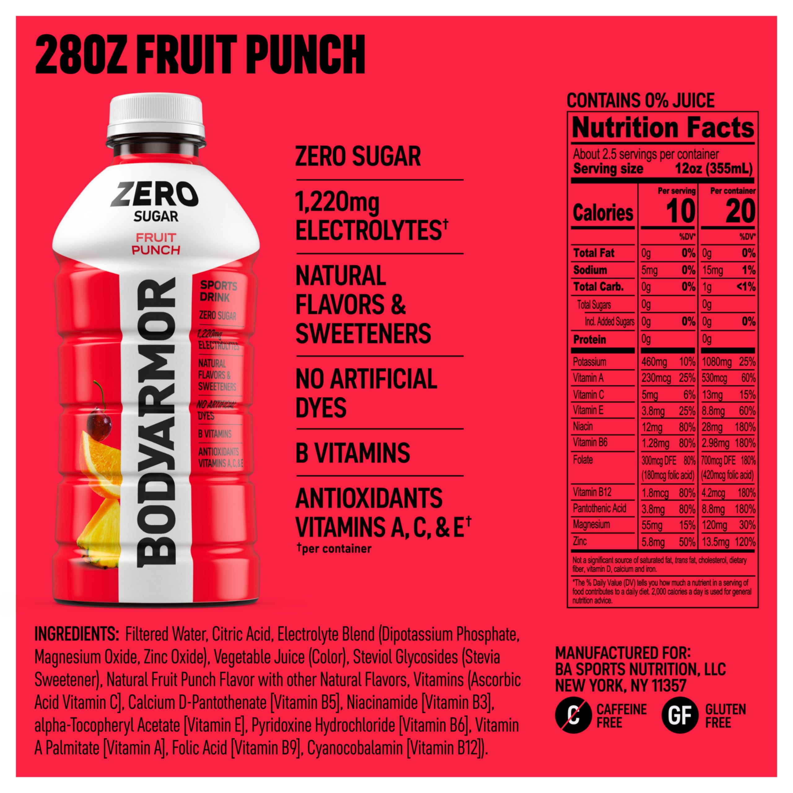 Close-up of BODYARMOR Zero Sugar Fruit Punch label highlighting electrolytes and antioxidants.