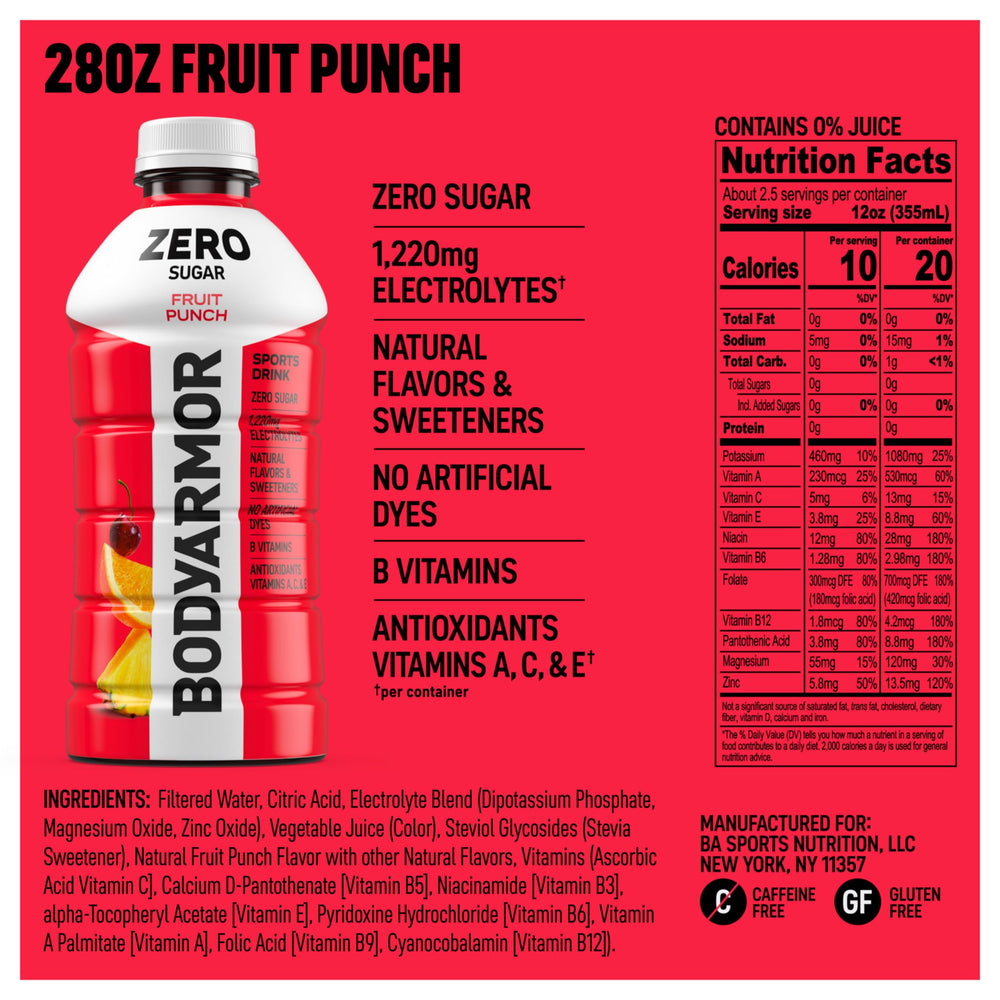 Close-up of BODYARMOR Zero Sugar Fruit Punch label highlighting electrolytes and antioxidants.