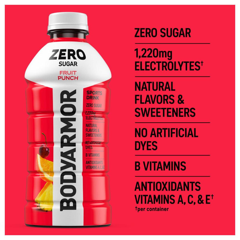 Pouring BODYARMOR Zero Sugar Fruit Punch to showcase natural flavor release.