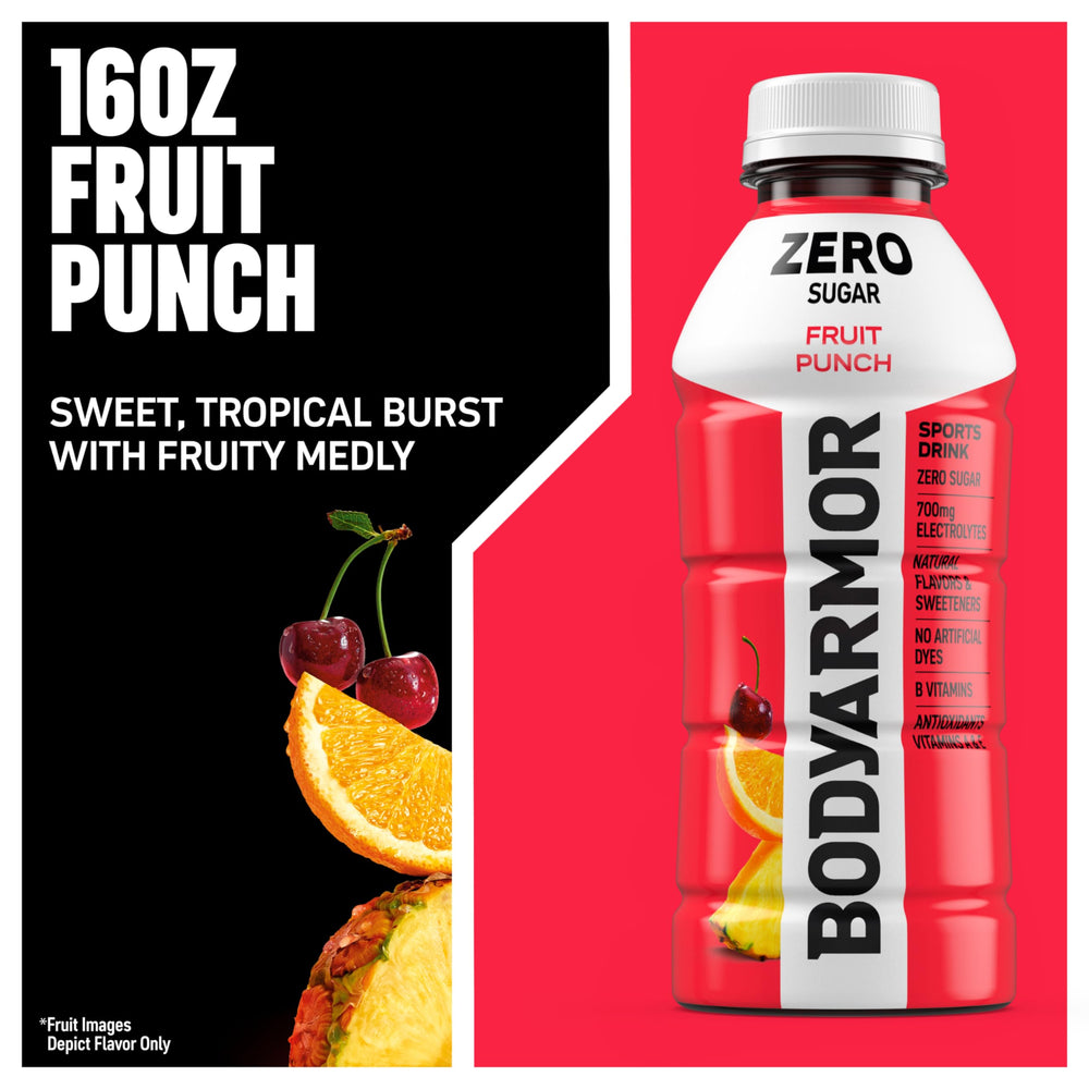 BODYARMOR Zero Sugar Fruit Punch being poured into a glass for refreshing flavor.